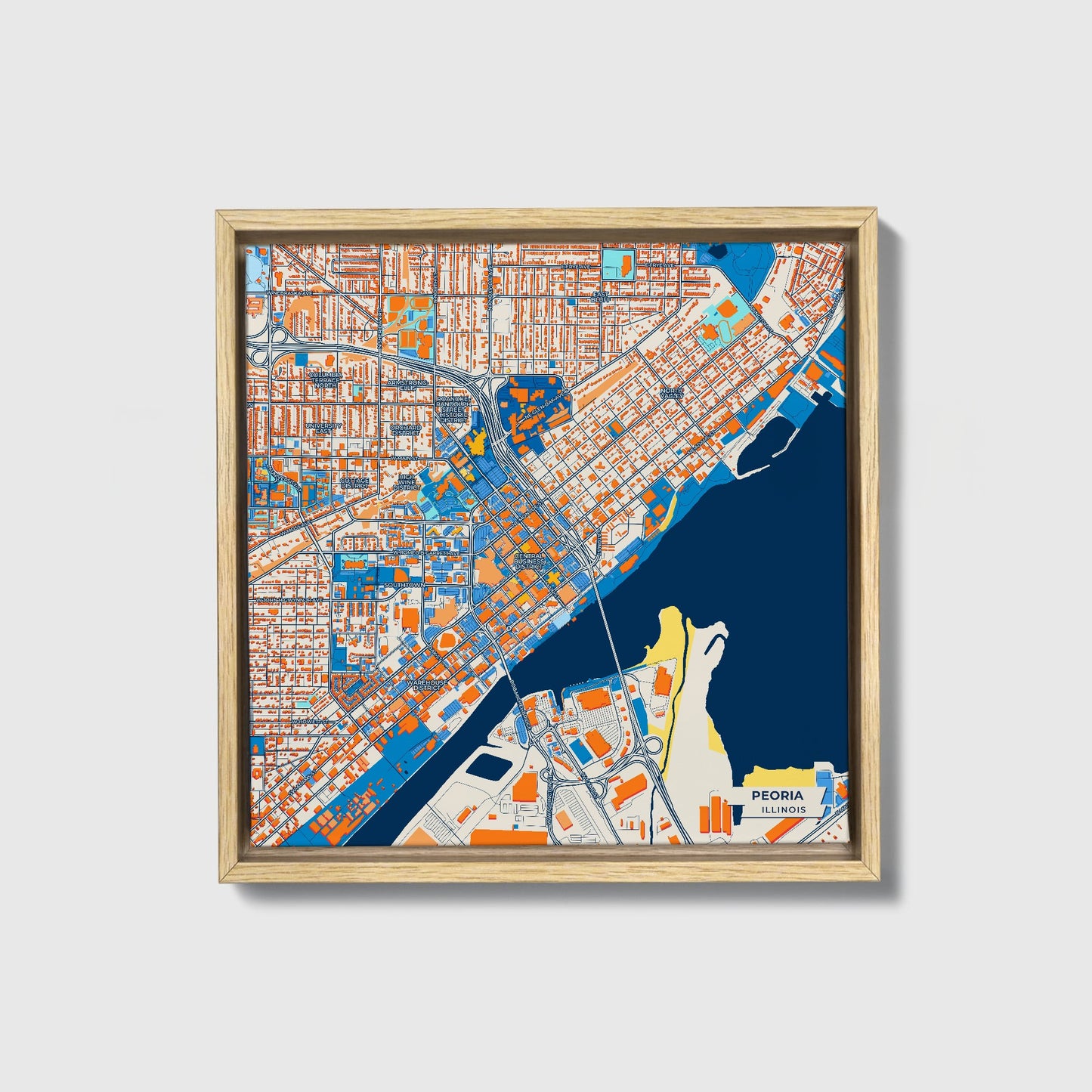Peoria Illinois Colorful City Map Canvas Print • Natural Wooden Framed