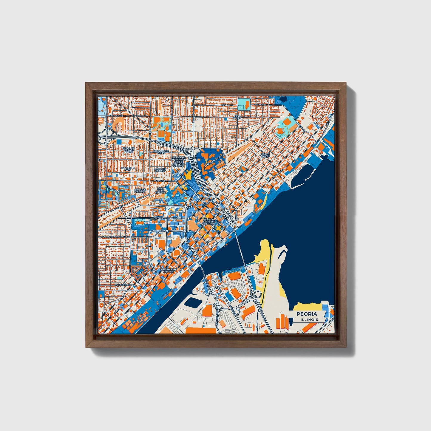 Peoria Illinois Colorful City Map Canvas Print • Dark Wooden Framed