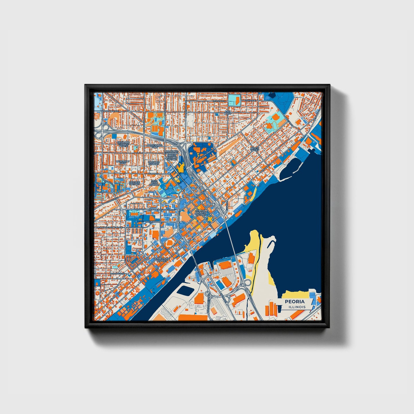 Peoria Illinois Colorful City Map Canvas Print • Black Framed