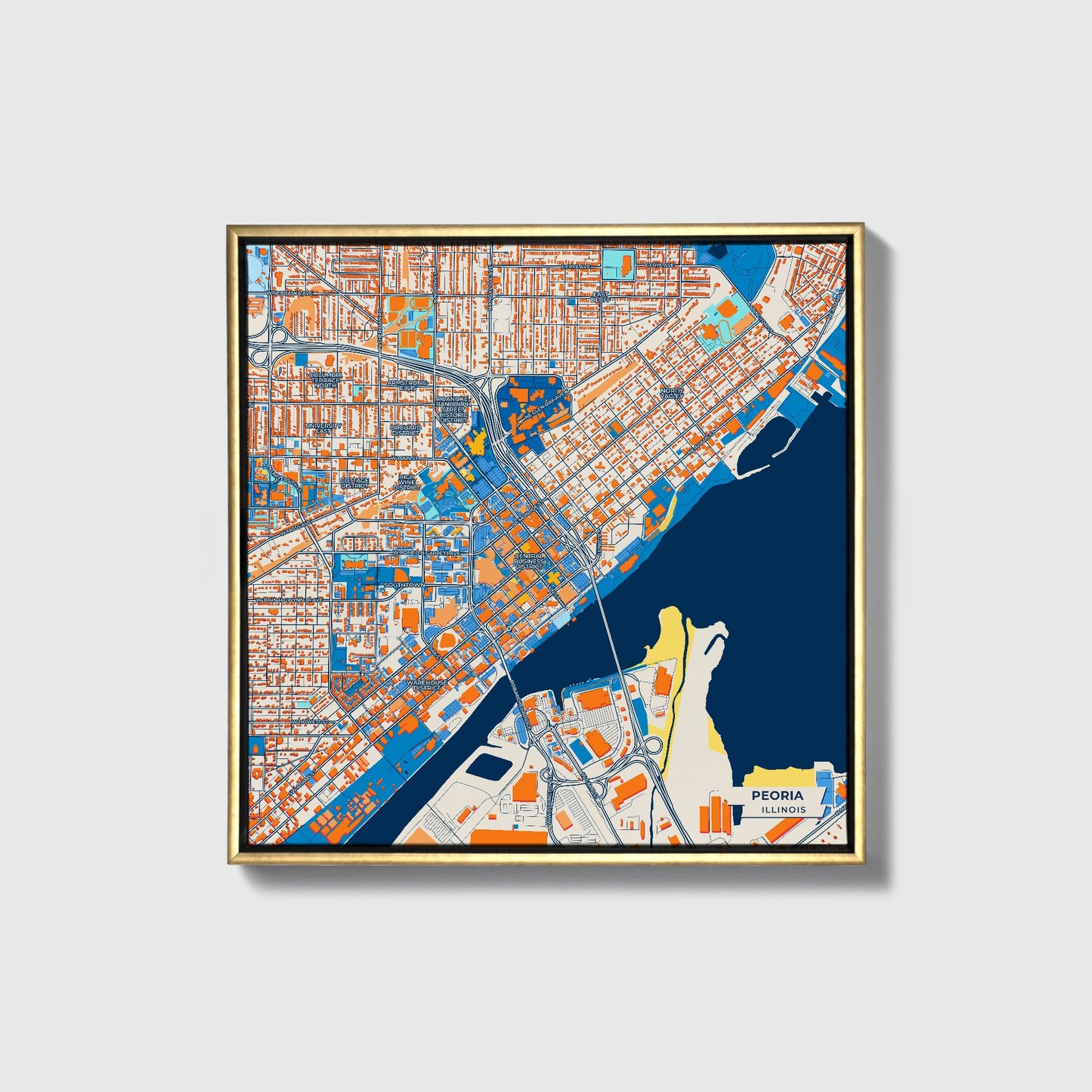 Peoria Illinois Colorful City Map Canvas Print • Gold Framed