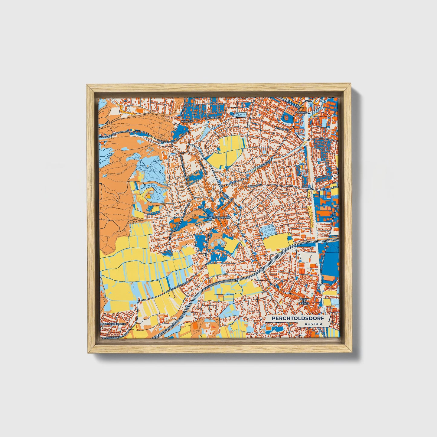 Perchtoldsdorf Austria Colorful City Map Canvas Print • Natural Wooden Framed