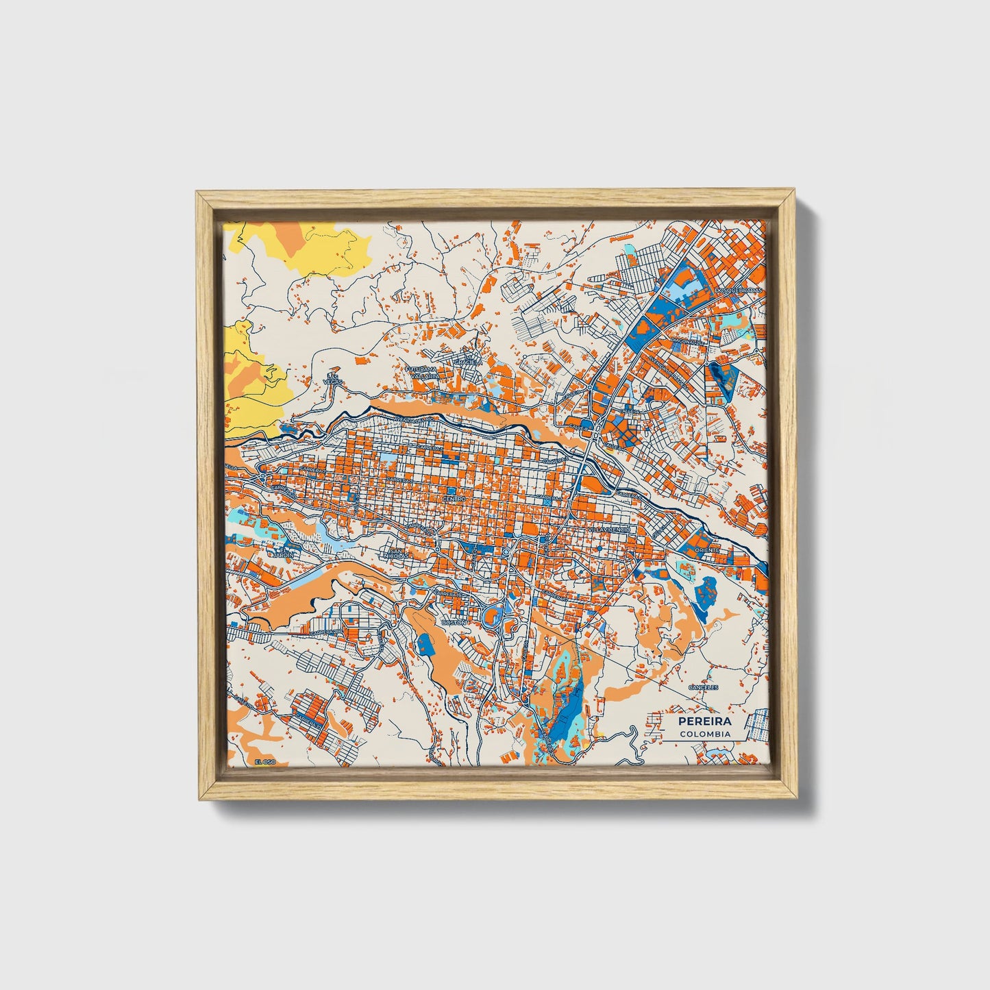 Pereira Colombia Colorful City Map Canvas Print • Natural Wooden Framed