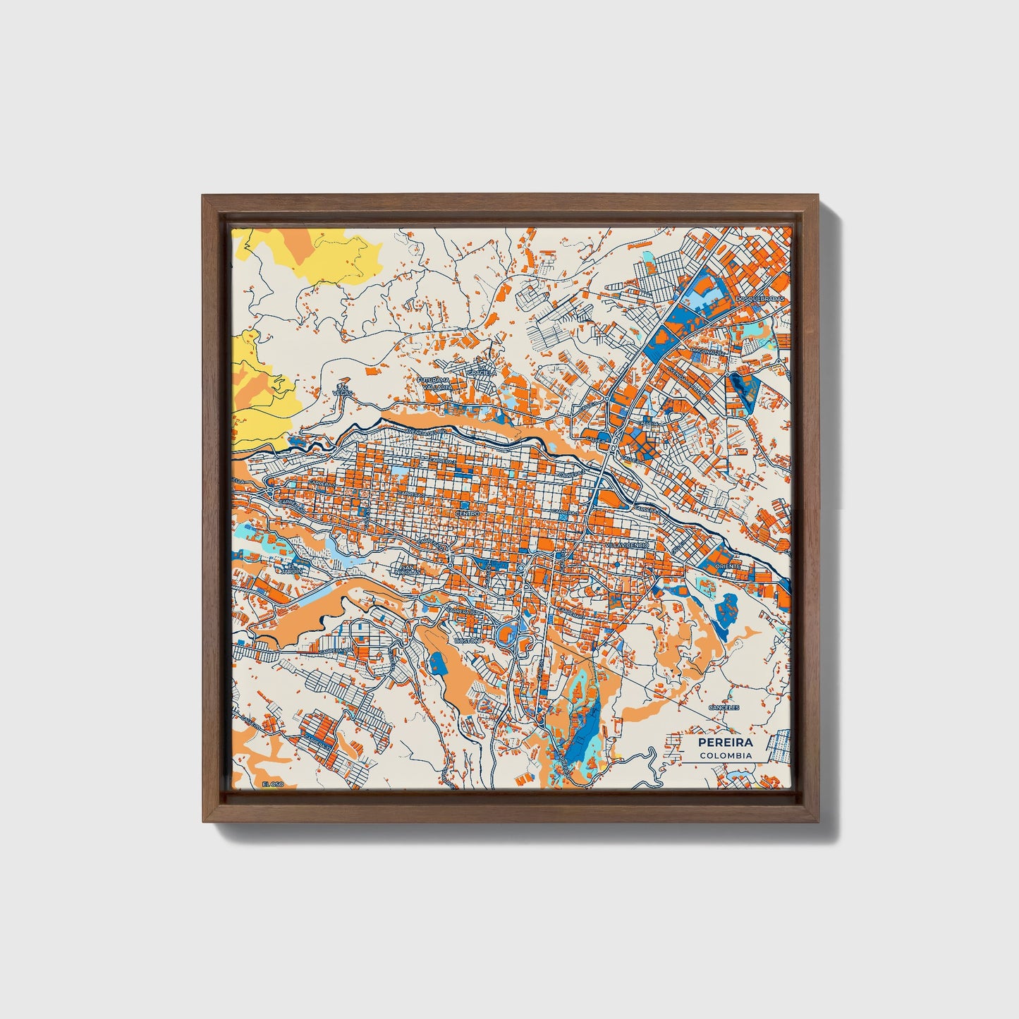 Pereira Colombia Colorful City Map Canvas Print • Dark Wooden Framed