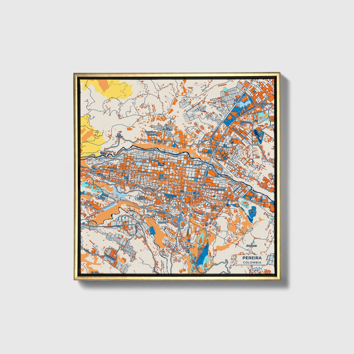 Pereira Colombia Colorful City Map Canvas Print • Gold Framed