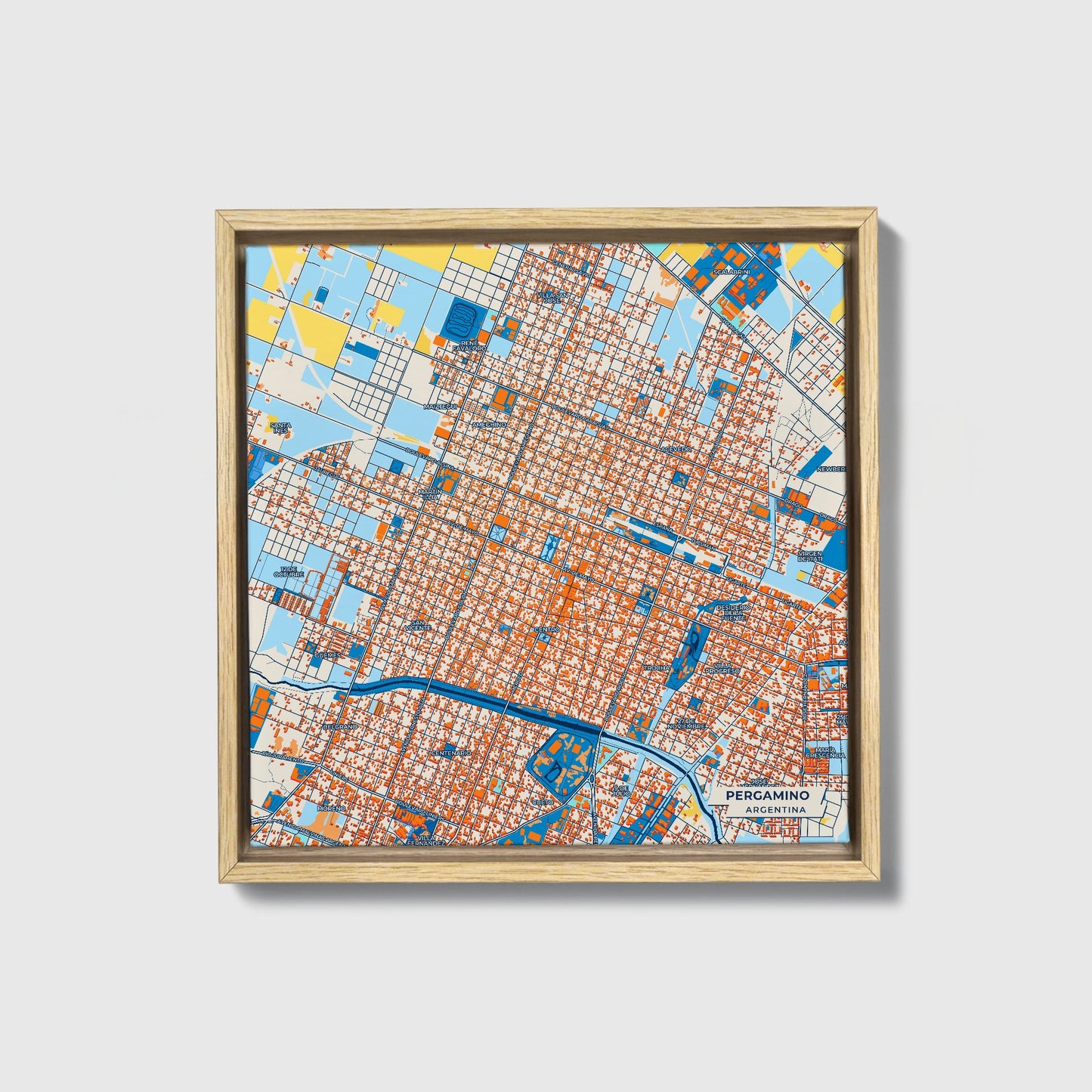 Pergamino Argentina Colorful City Map Canvas Print • Natural Wooden Framed