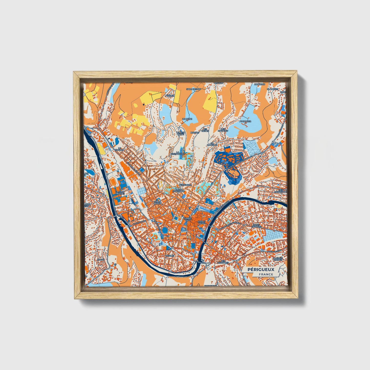 Périgueux France Colorful City Map Canvas Print • Natural Wooden Framed