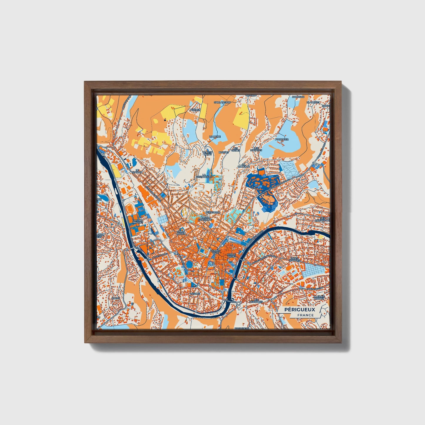 Périgueux France Colorful City Map Canvas Print • Dark Wooden Framed