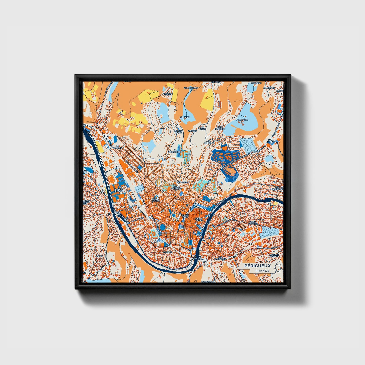 Périgueux France Colorful City Map Canvas Print • Black Framed