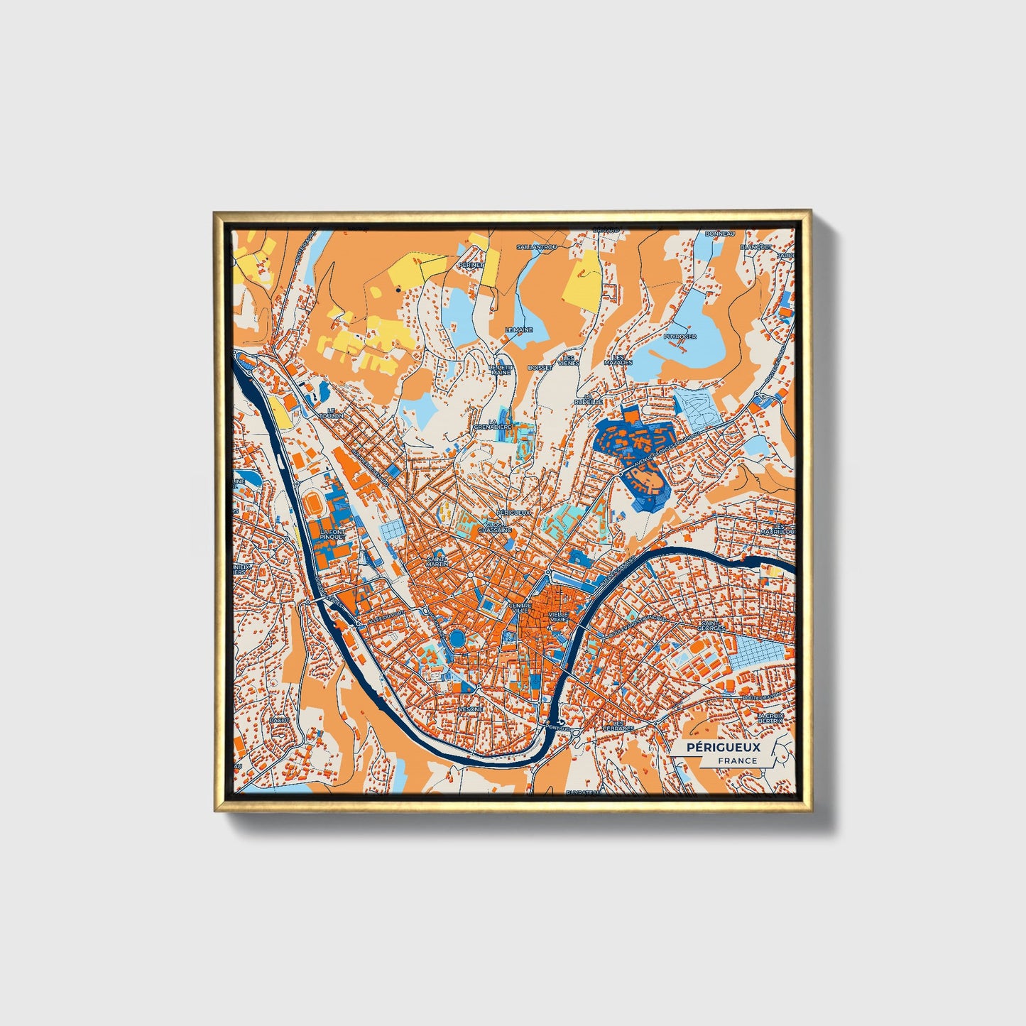 Périgueux France Colorful City Map Canvas Print • Gold Framed
