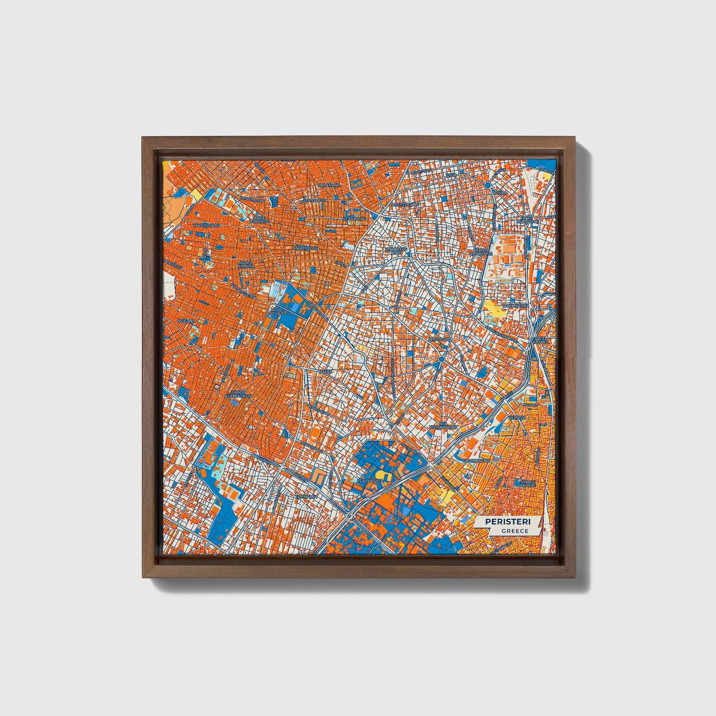 Περιστερι Greece Colorful City Map Canvas Print • Dark Wooden Framed