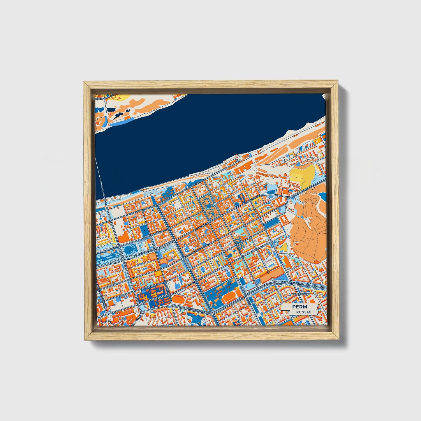 Пермь Russia Colorful City Map Canvas Print • Natural Wooden Framed