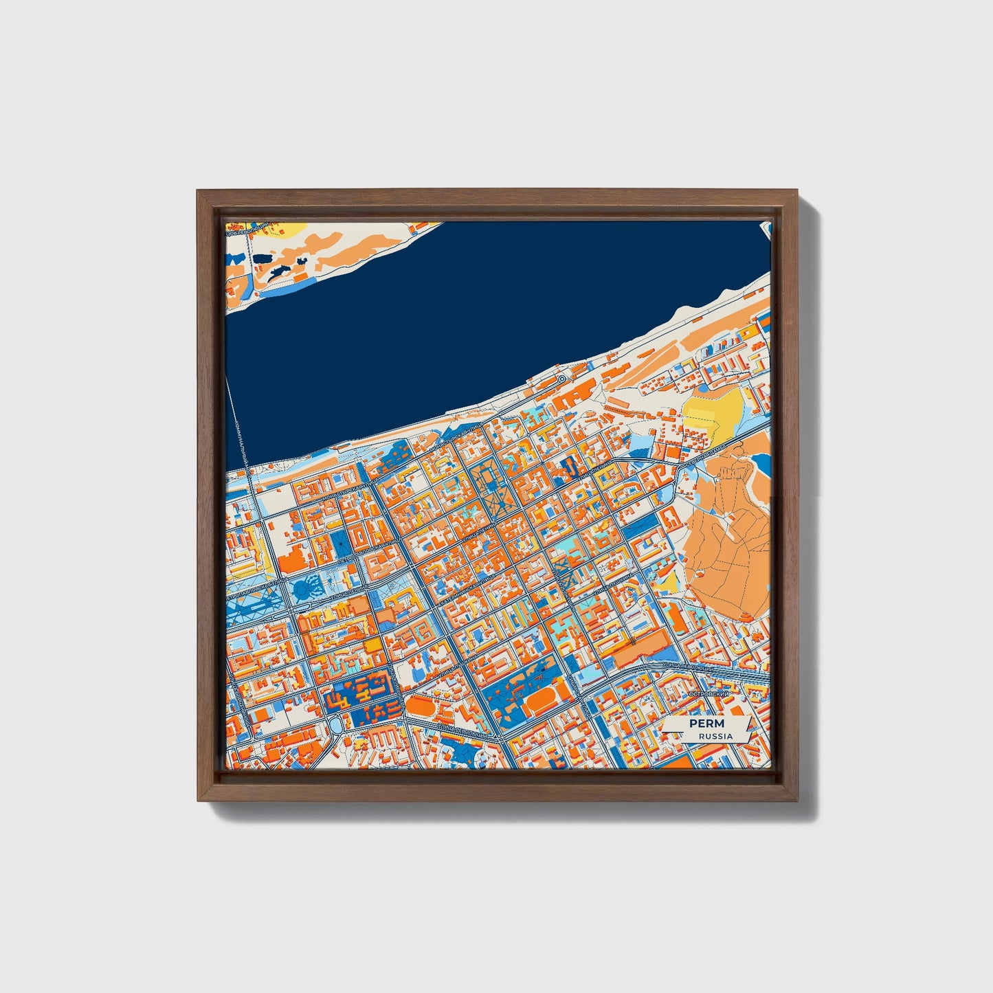 Пермь Russia Colorful City Map Canvas Print • Dark Wooden Framed