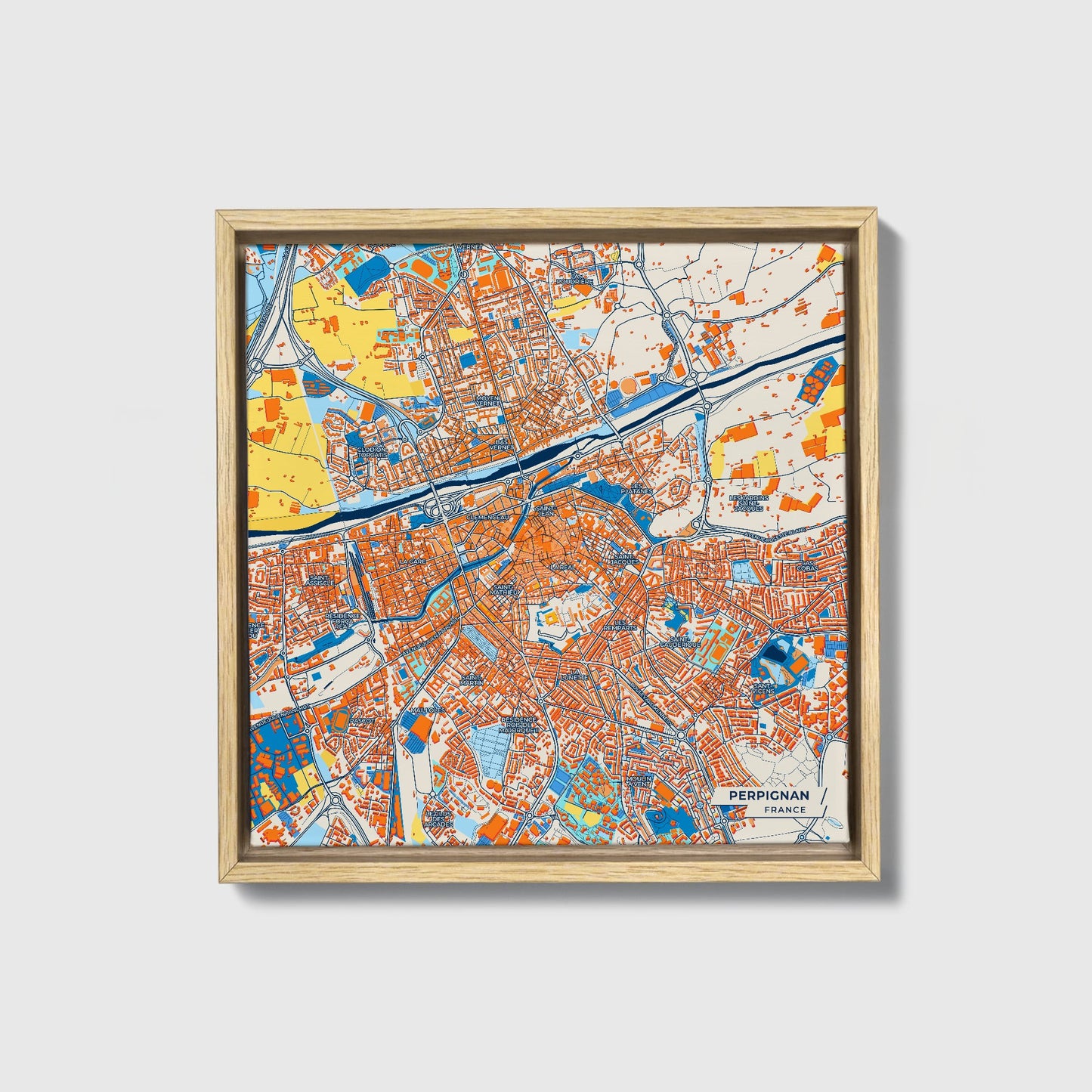 Perpignan France Colorful City Map Canvas Print • Natural Wooden Framed