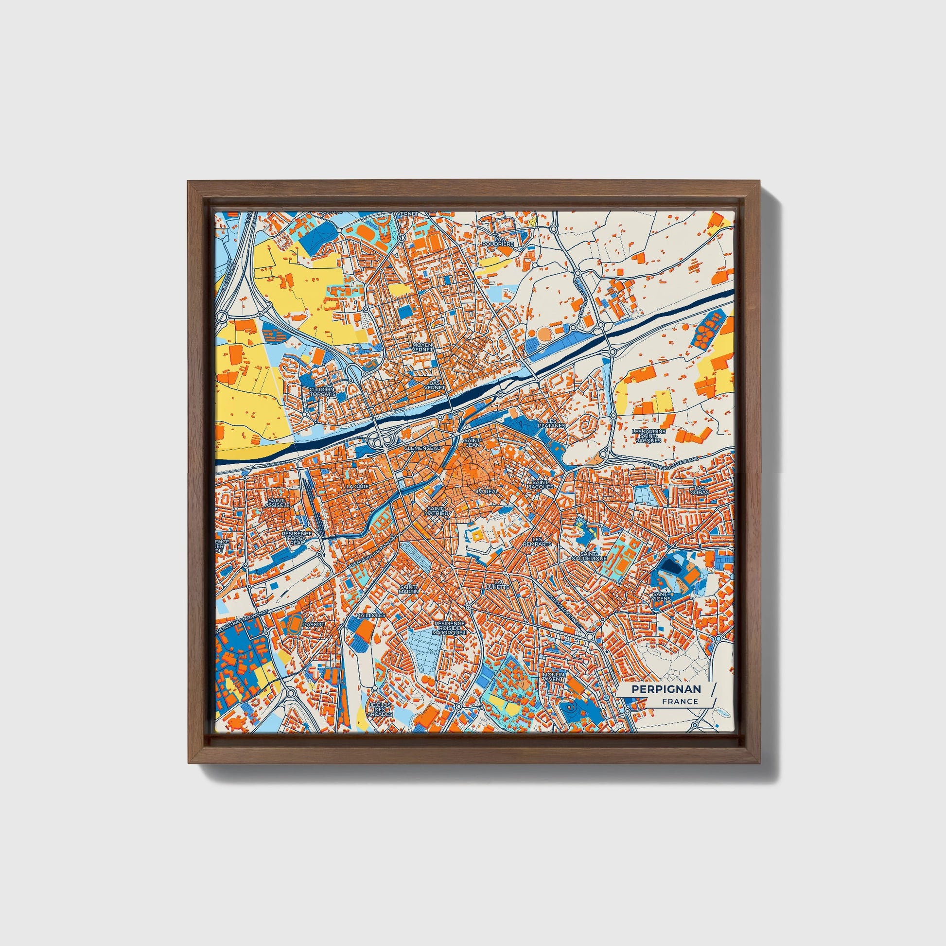 Perpignan France Colorful City Map Canvas Print • Dark Wooden Framed