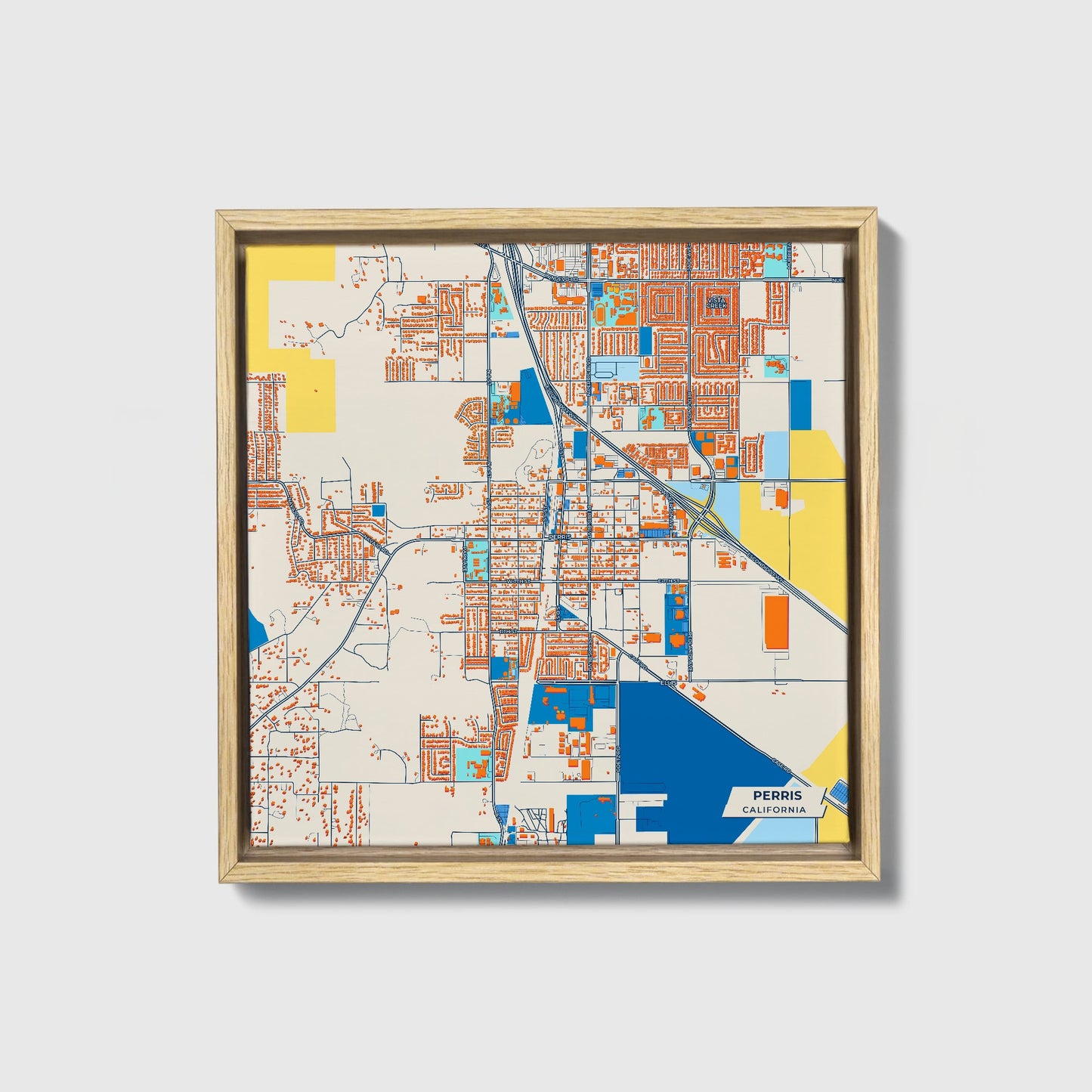 Perris California Colorful City Map Canvas Print • Natural Wooden Framed