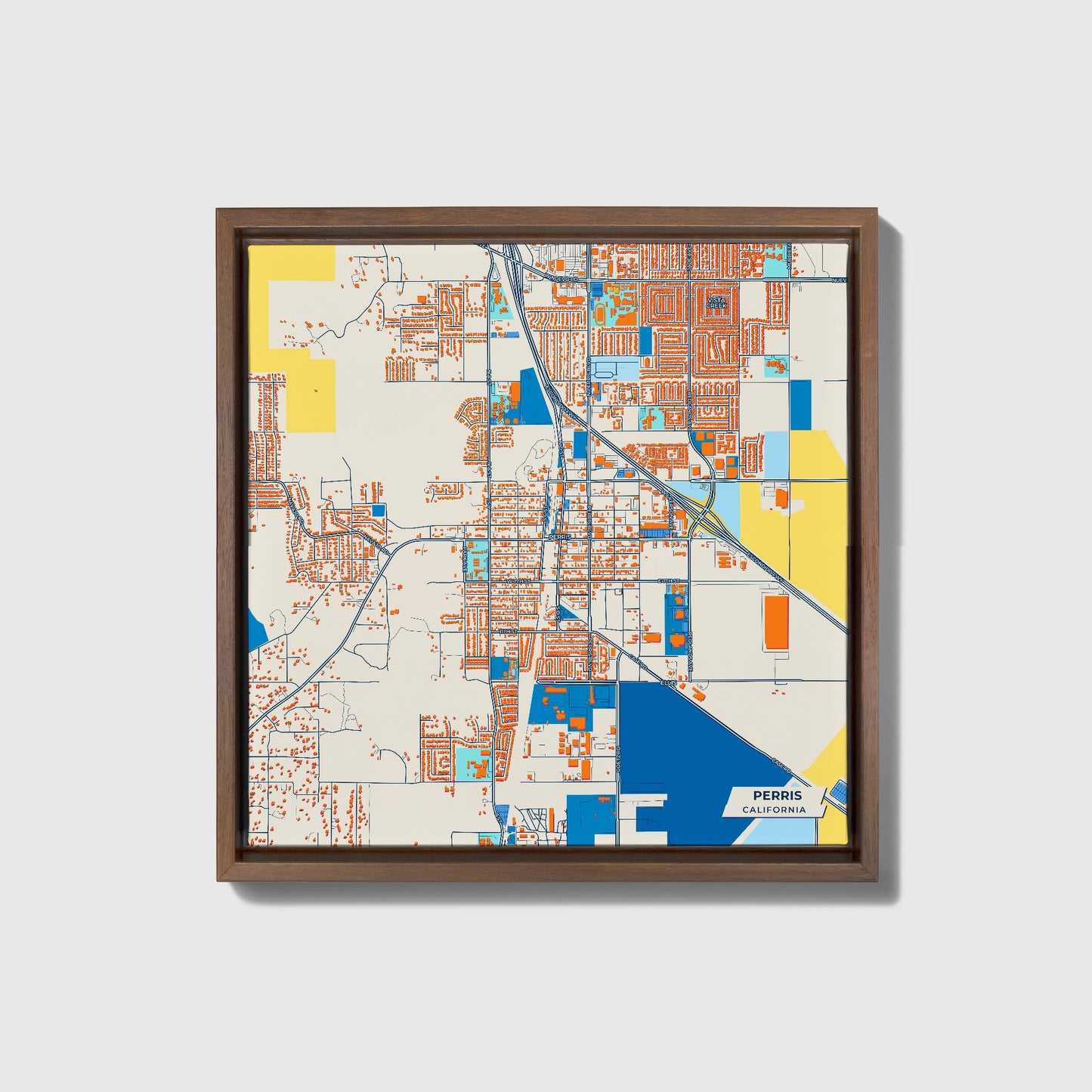Perris California Colorful City Map Canvas Print • Dark Wooden Framed