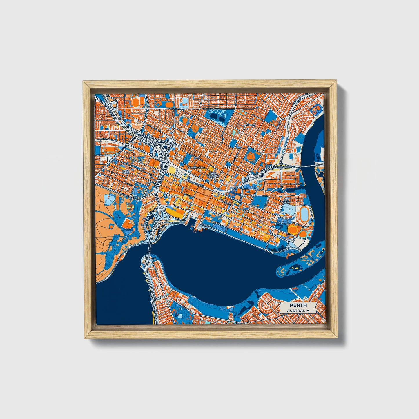 Perth Australia Colorful City Map Canvas Print • Natural Wooden Framed