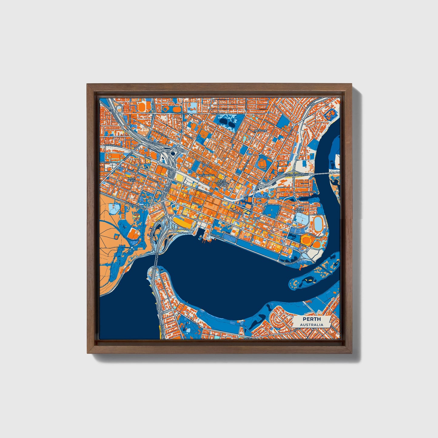 Perth Australia Colorful City Map Canvas Print • Dark Wooden Framed