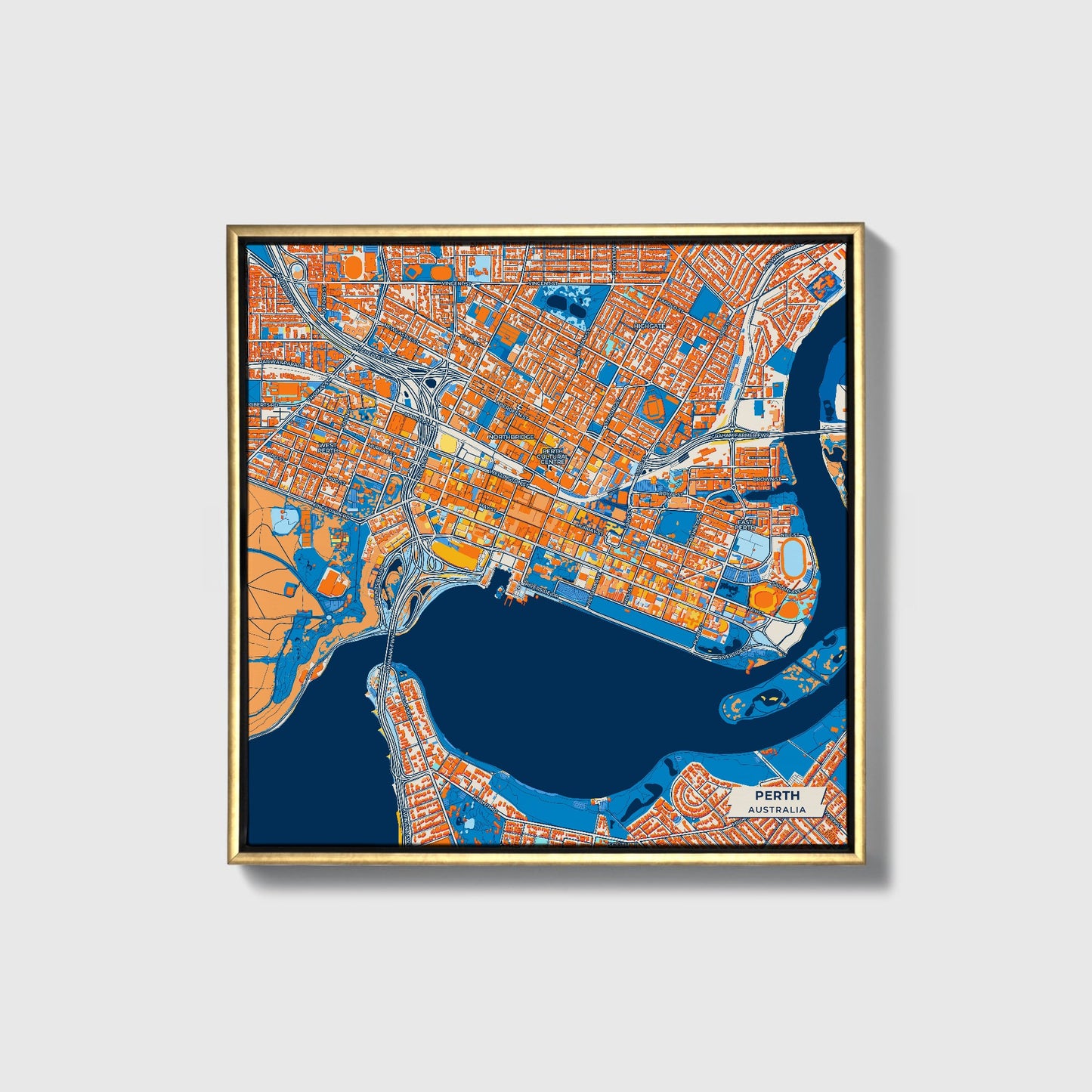 Perth Australia Colorful City Map Canvas Print • Gold Framed