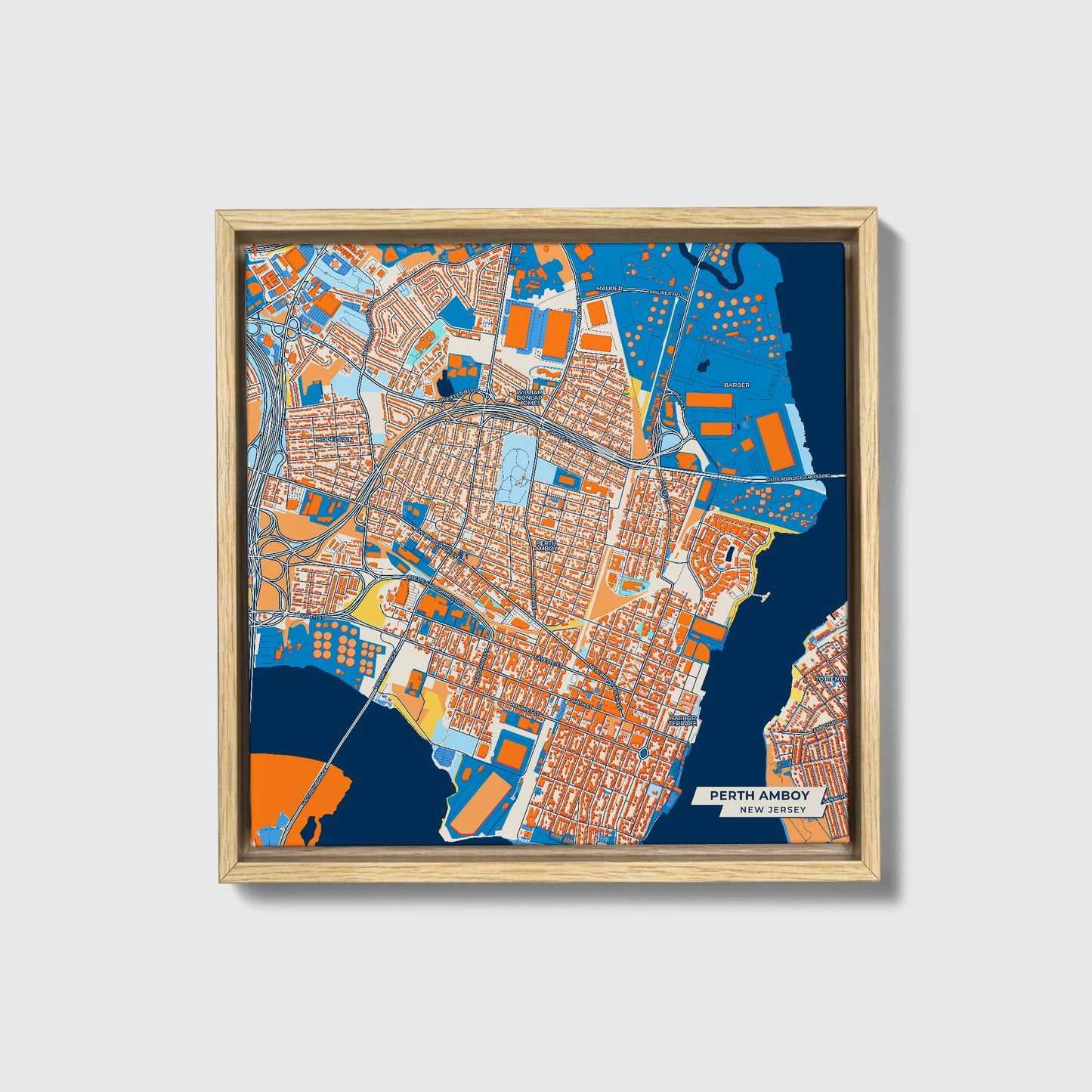 Perth Amboy New Jersey Colorful City Map Canvas Print • Natural Wooden Framed