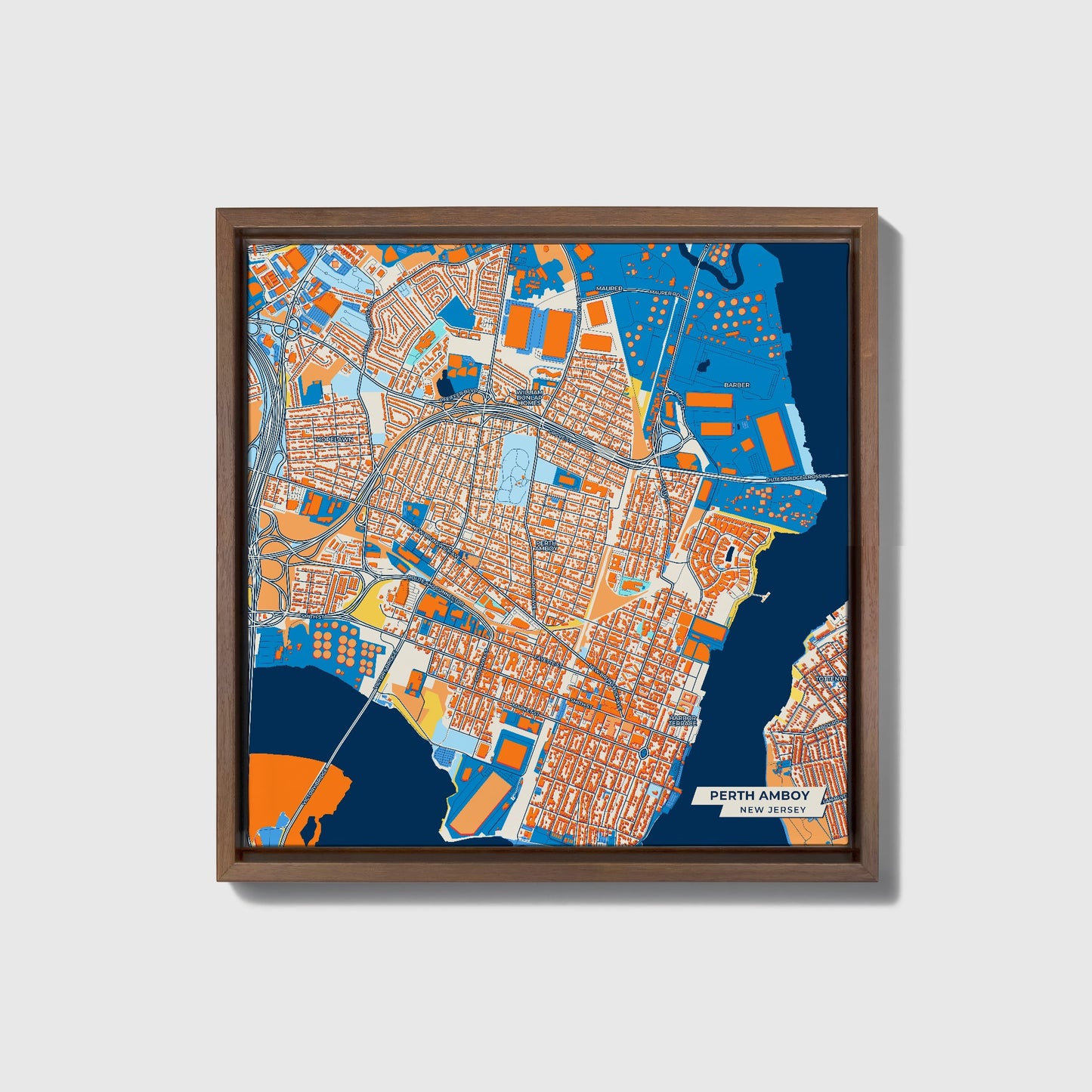 Perth Amboy New Jersey Colorful City Map Canvas Print • Dark Wooden Framed