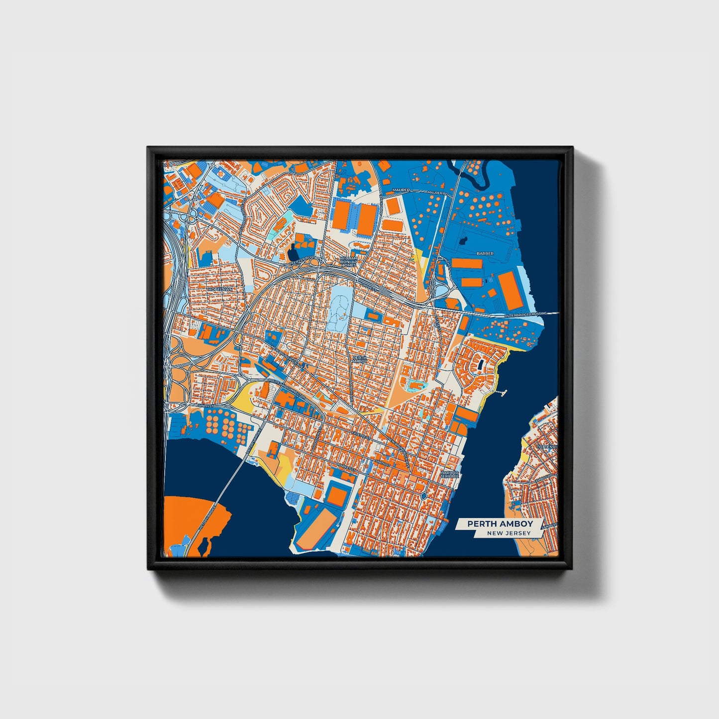 Perth Amboy New Jersey Colorful City Map Canvas Print • Black Framed
