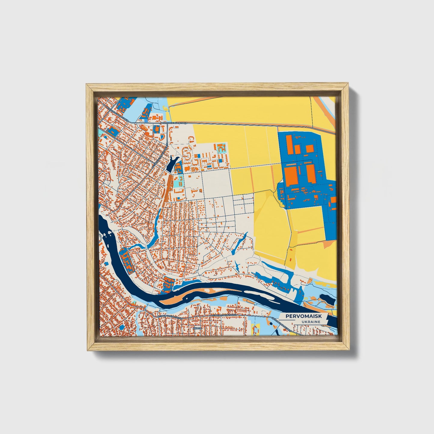 Первомайськ Ukraine Colorful City Map Canvas Print • Natural Wooden Framed