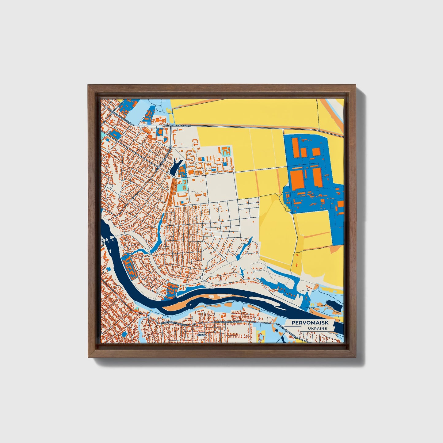 Первомайськ Ukraine Colorful City Map Canvas Print • Dark Wooden Framed