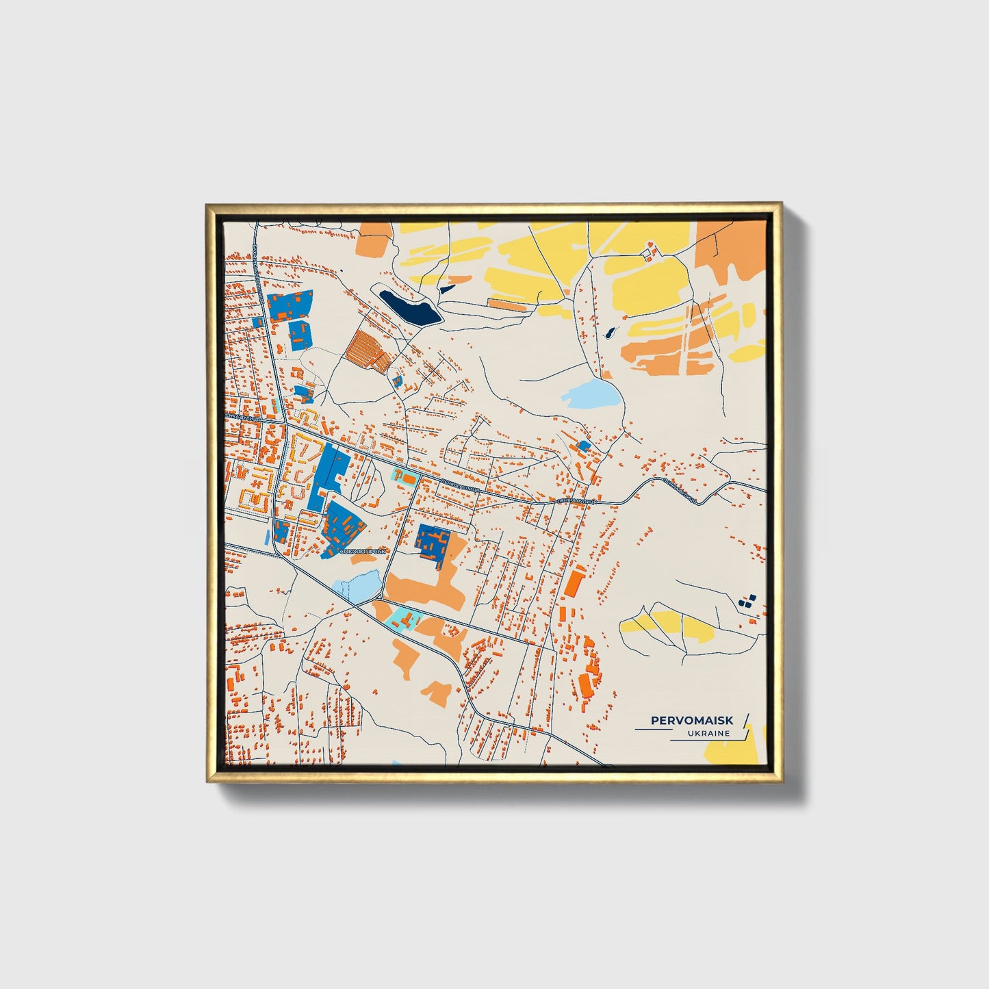 Первомайськ Ukraine Colorful City Map Canvas Print • Gold Framed