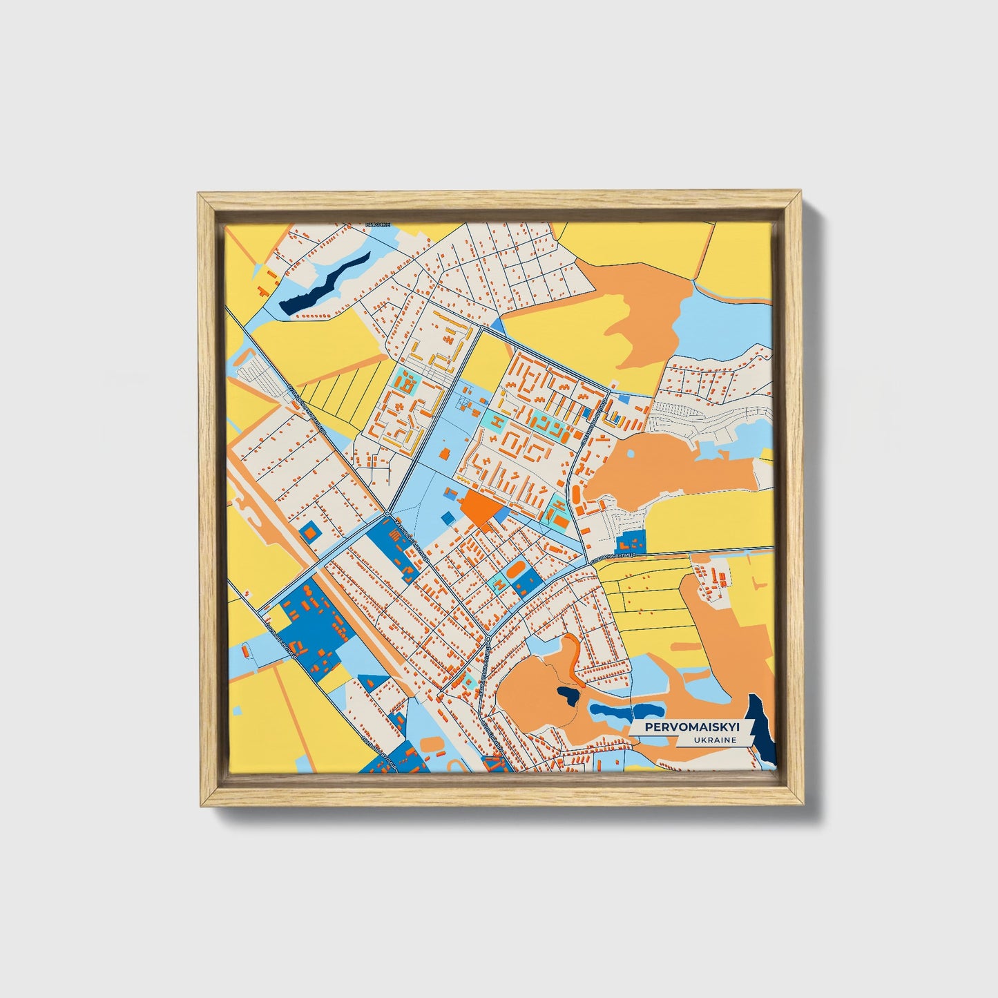 Первомайський Ukraine Colorful City Map Canvas Print • Natural Wooden Framed