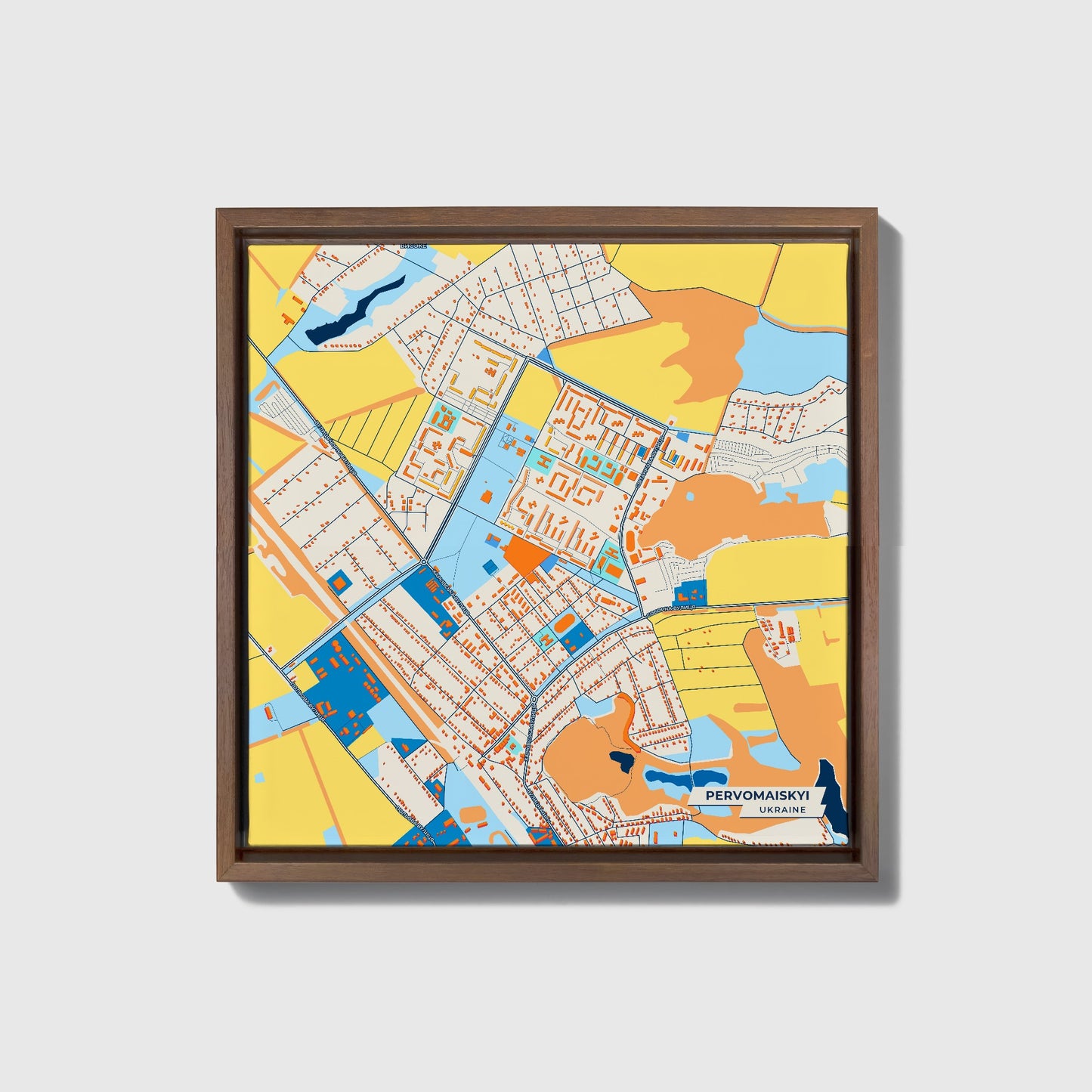 Первомайський Ukraine Colorful City Map Canvas Print • Dark Wooden Framed