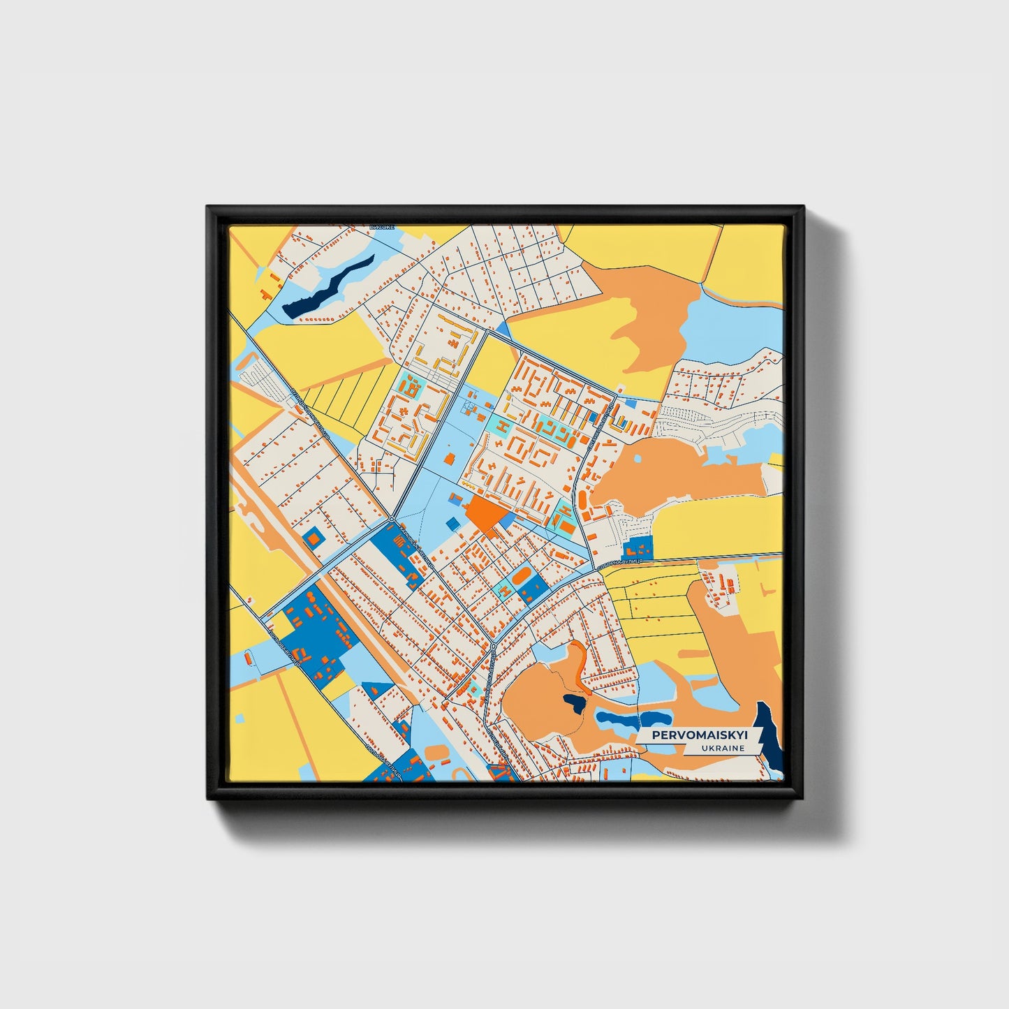 Первомайський Ukraine Colorful City Map Canvas Print • Black Framed