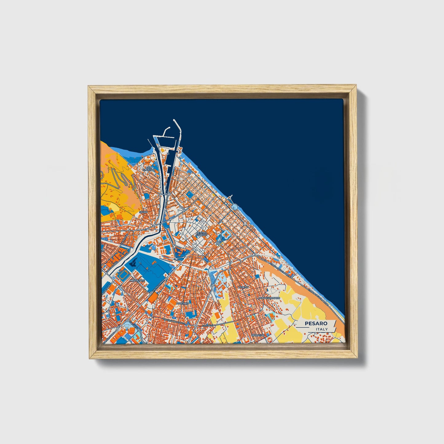 Pesaro Italy Colorful City Map Canvas Print • Natural Wooden Framed