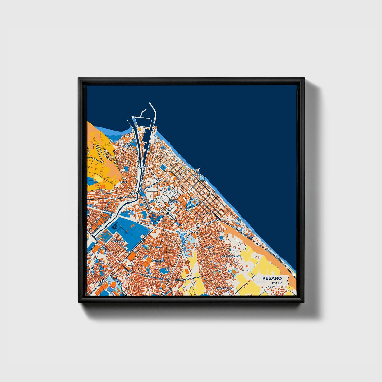 Pesaro Italy Colorful City Map Canvas Print • Black Framed