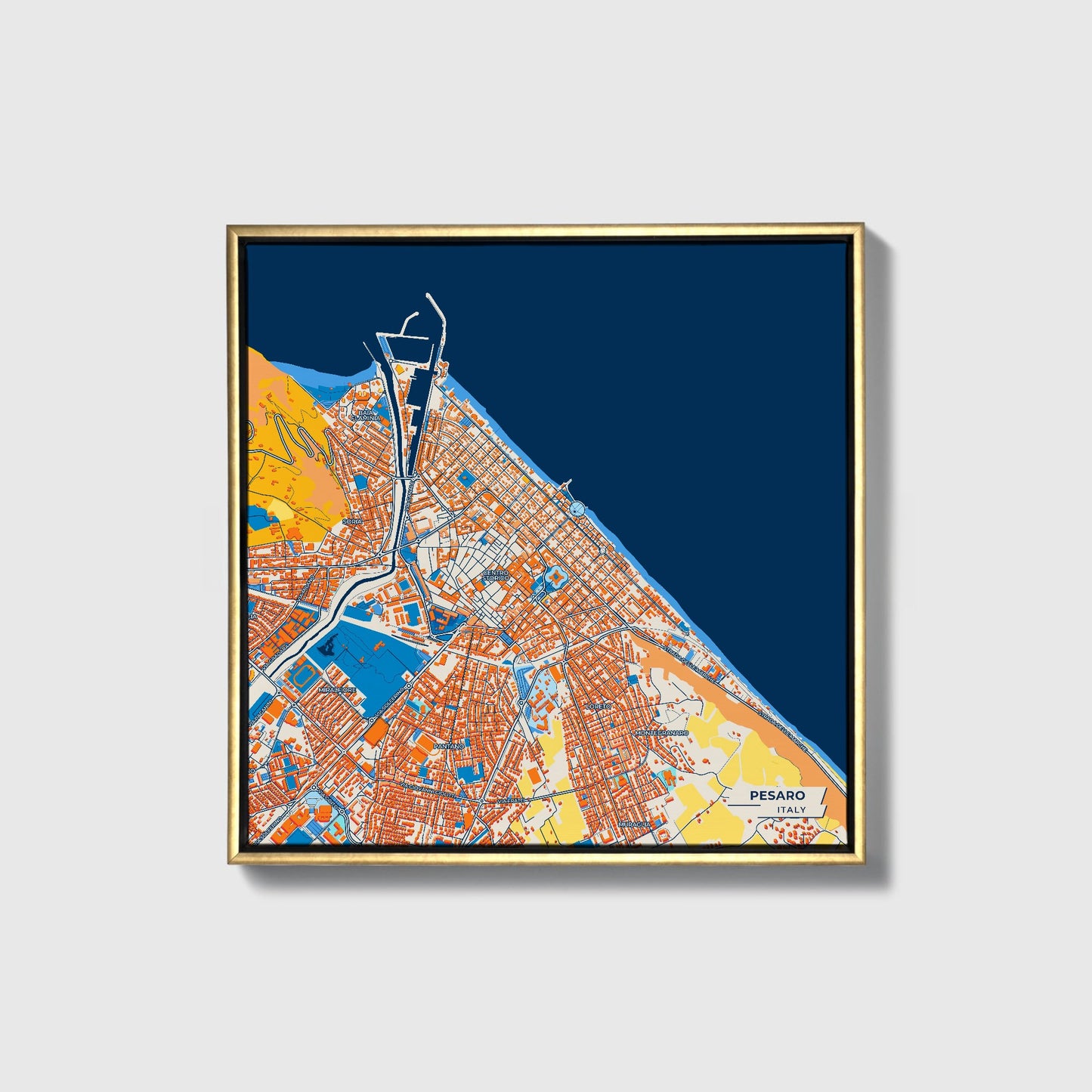 Pesaro Italy Colorful City Map Canvas Print • Gold Framed