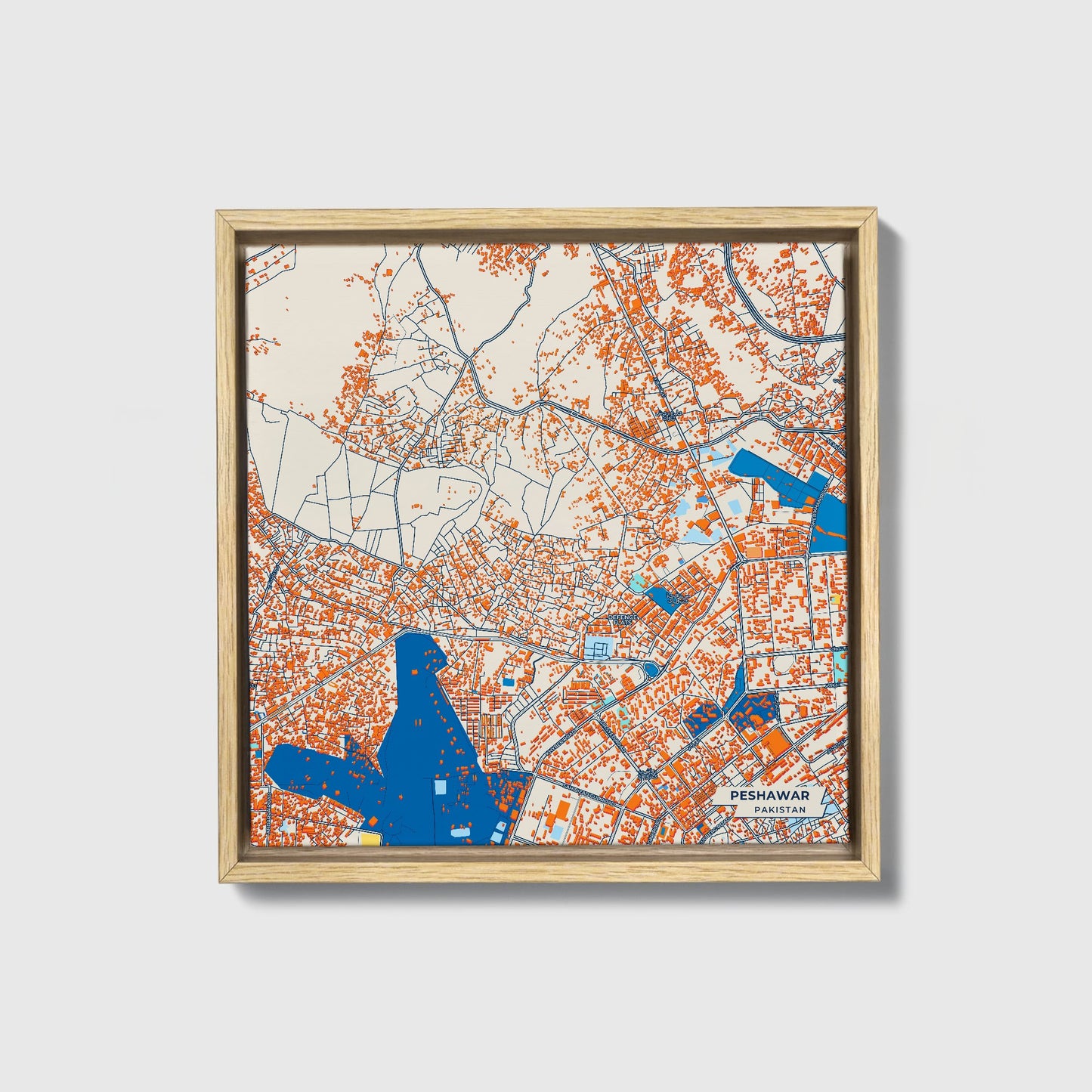 Peshawar Pakistan Colorful City Map Canvas Print • Natural Wooden Framed