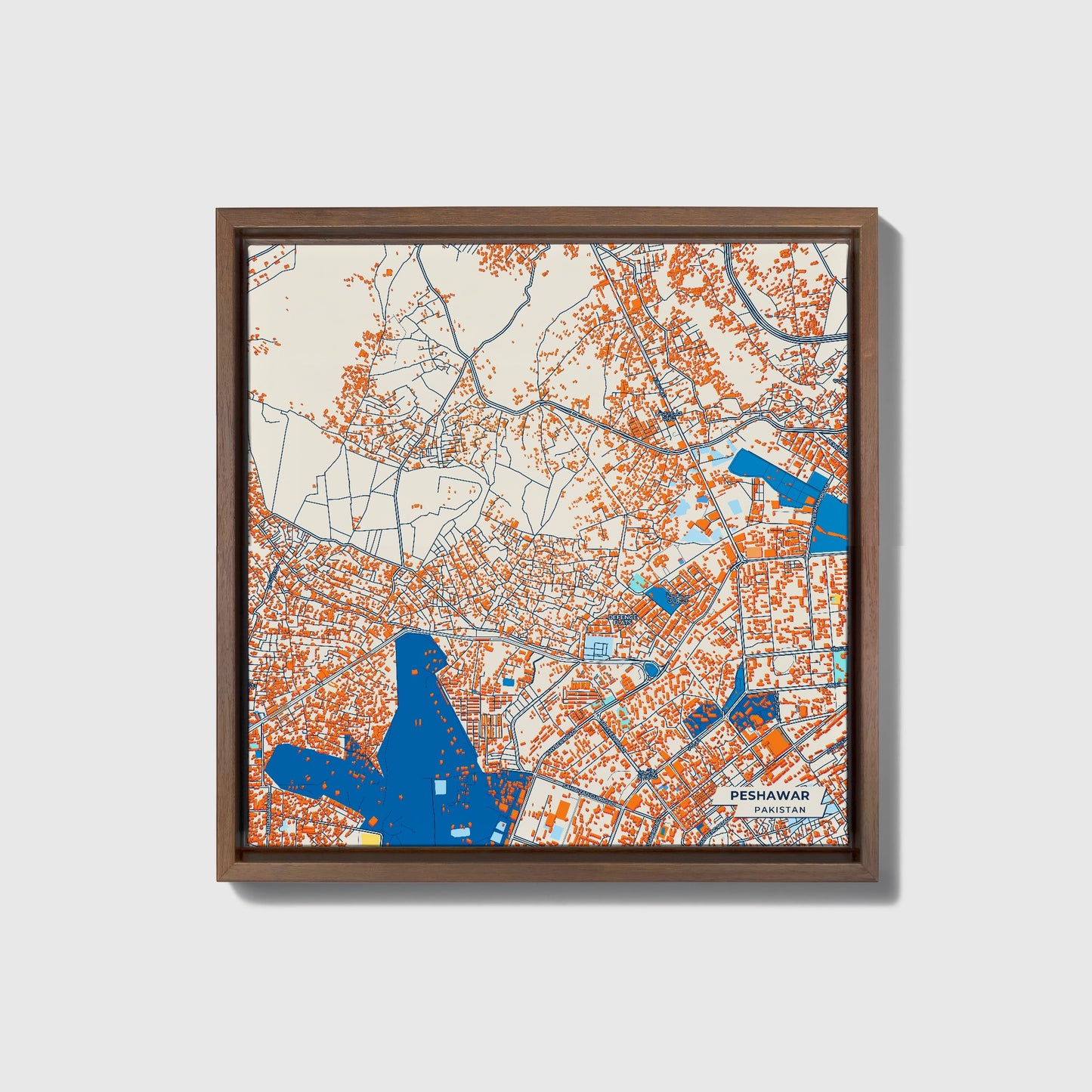Peshawar Pakistan Colorful City Map Canvas Print • Dark Wooden Framed