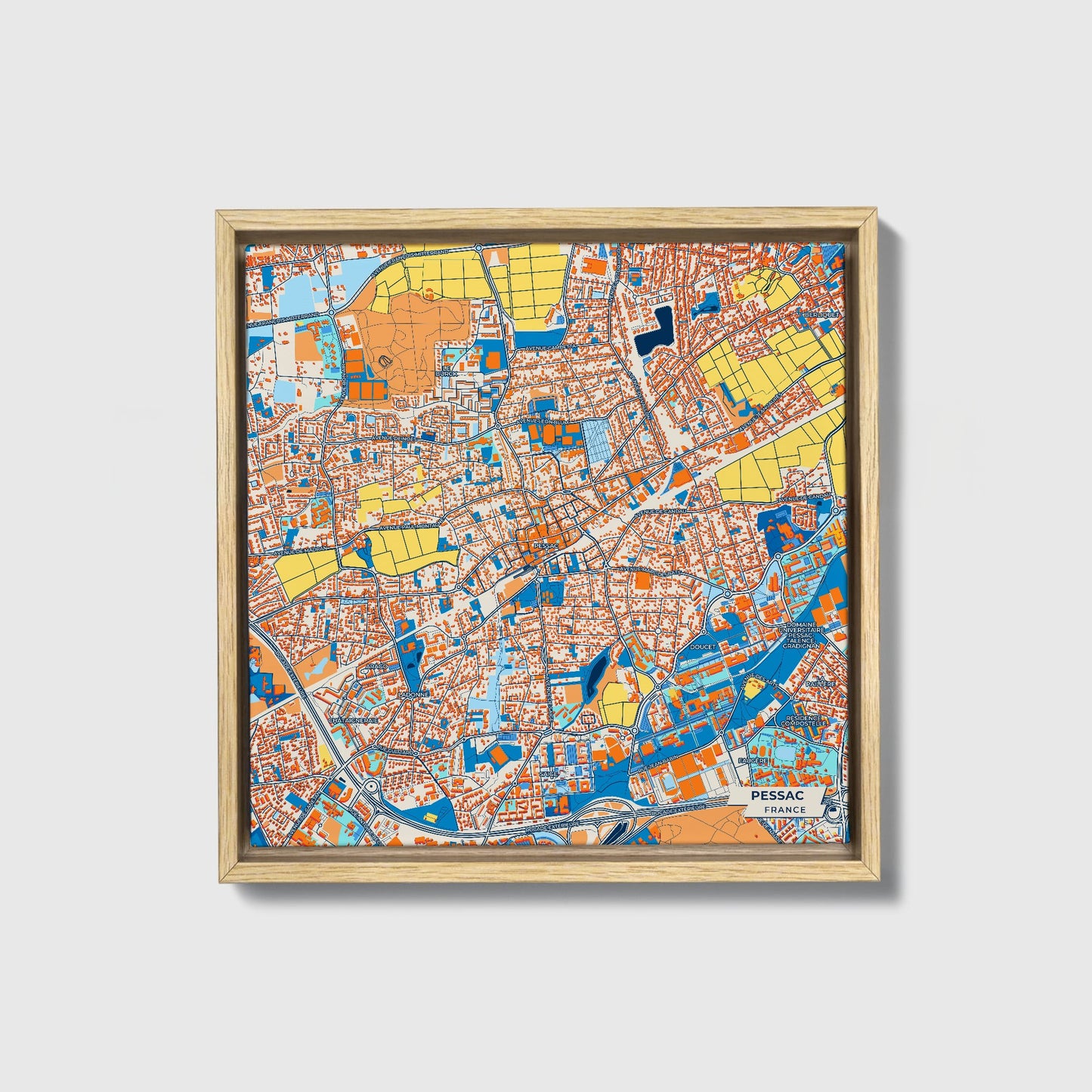 Pessac France Colorful City Map Canvas Print • Natural Wooden Framed