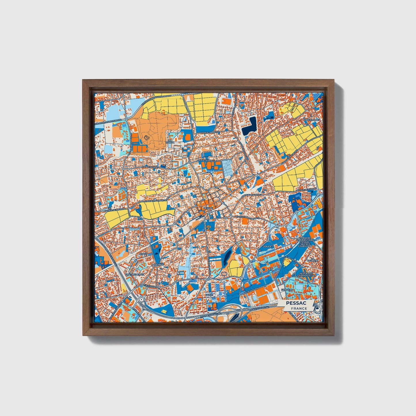 Pessac France Colorful City Map Canvas Print • Dark Wooden Framed