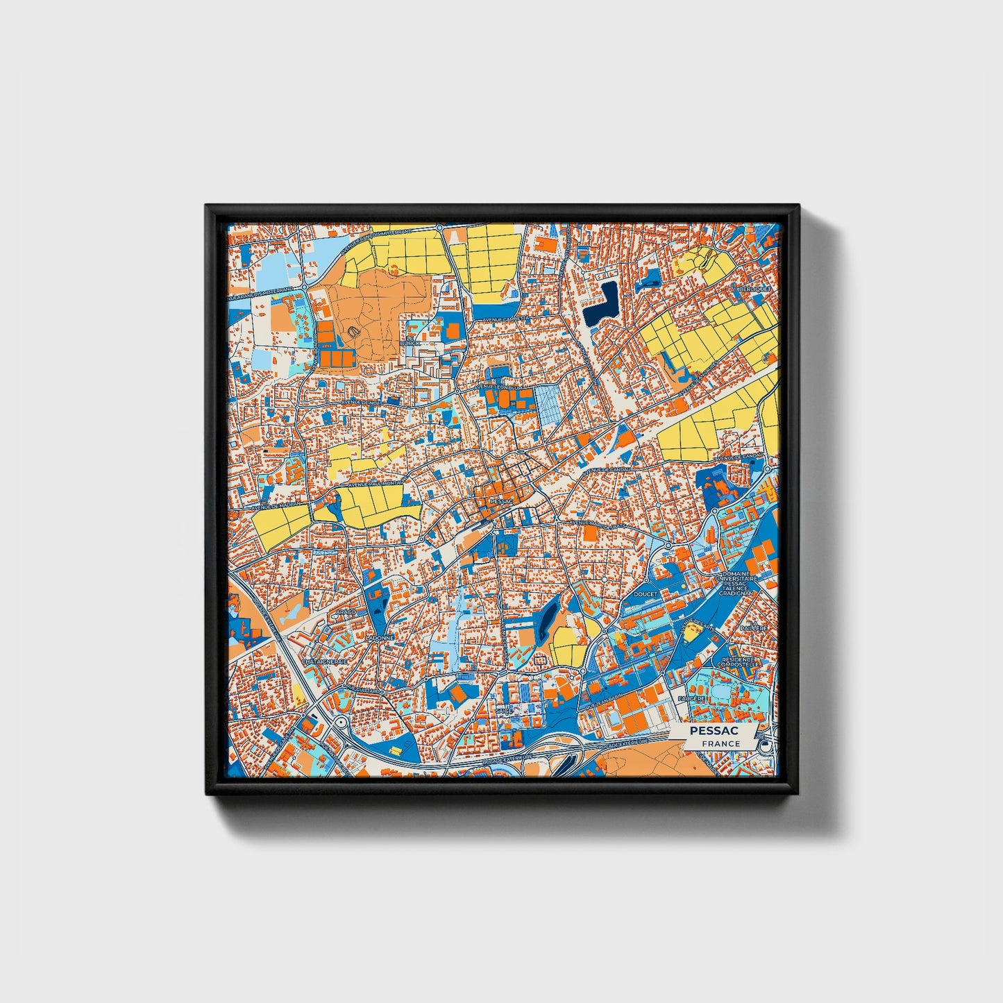 Pessac France Colorful City Map Canvas Print • Black Framed