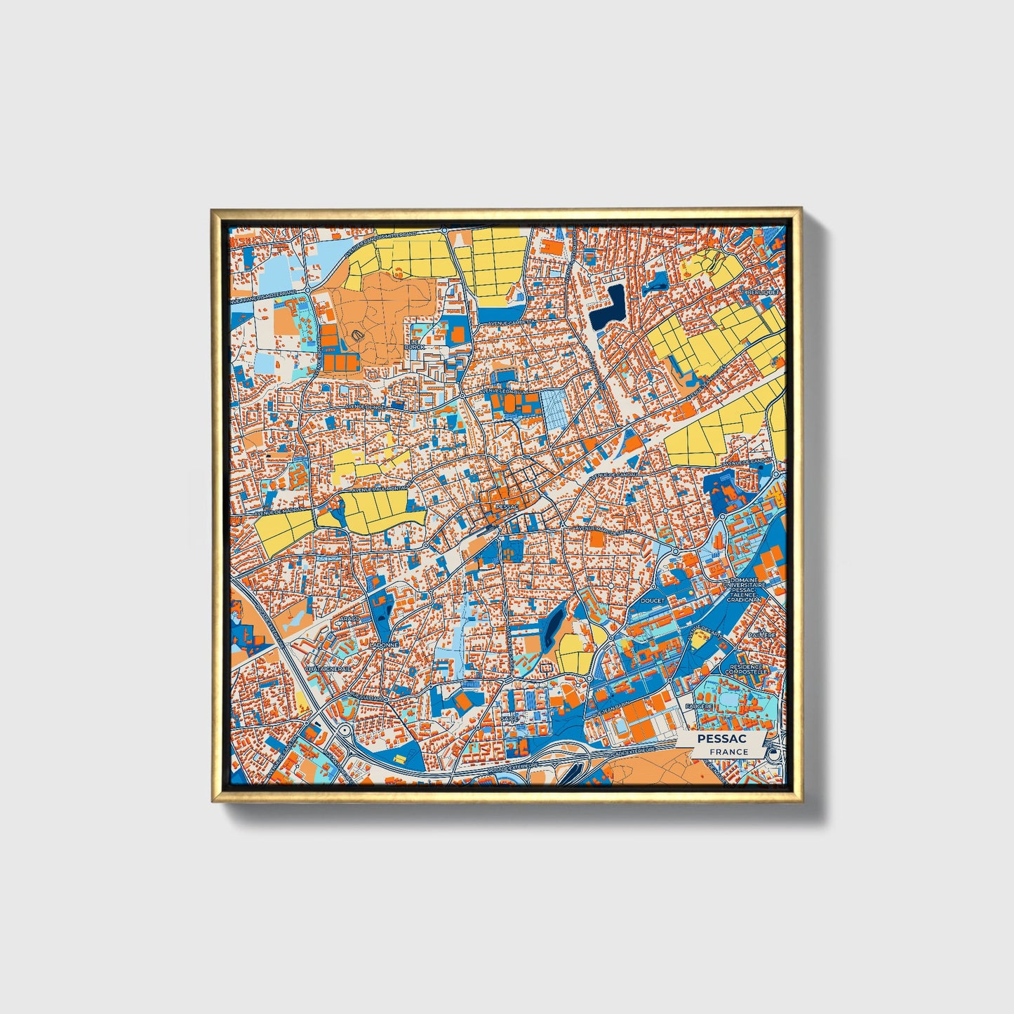 Pessac France Colorful City Map Canvas Print • Gold Framed