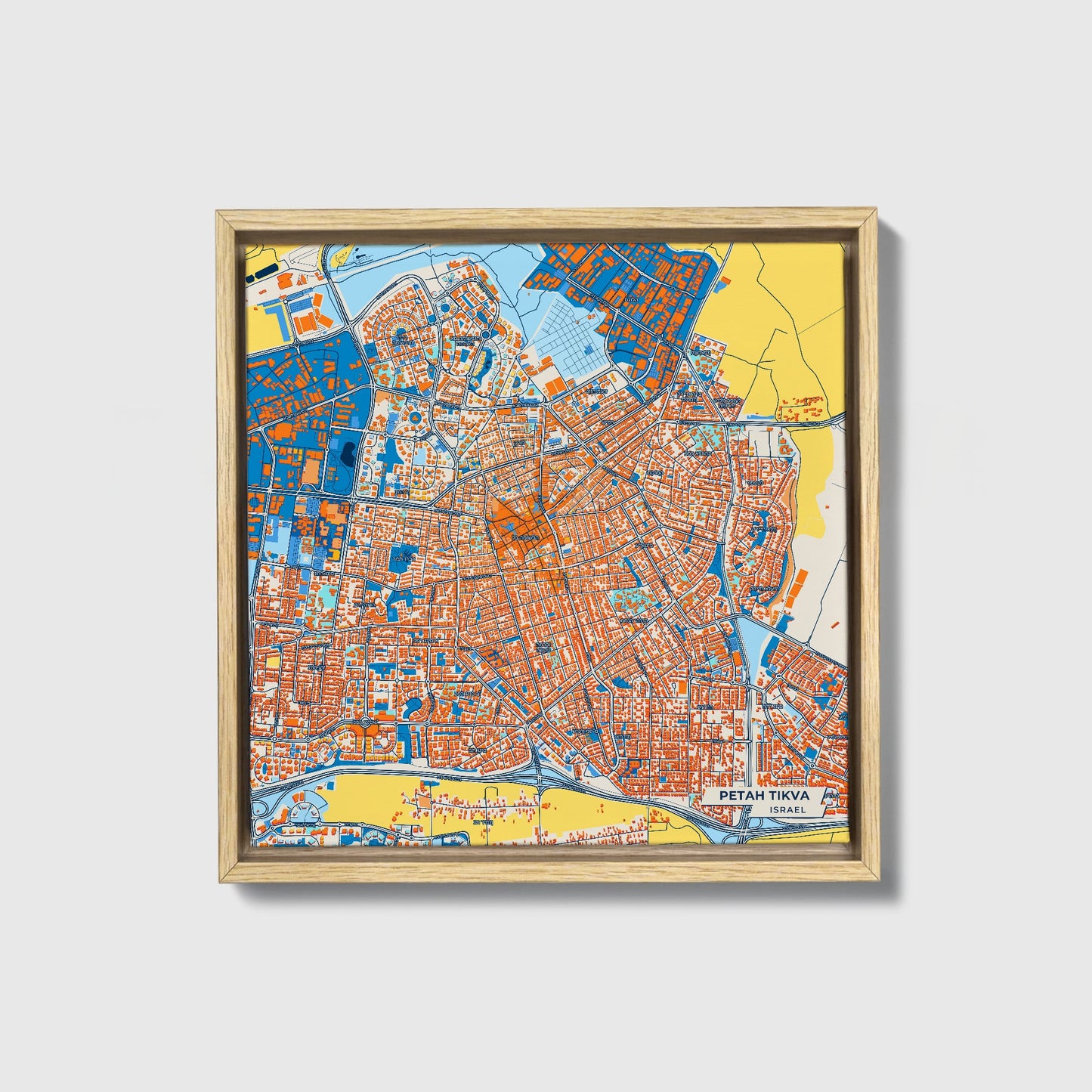 Petah Tikva Israel Colorful City Map Canvas Print • Natural Wooden Framed