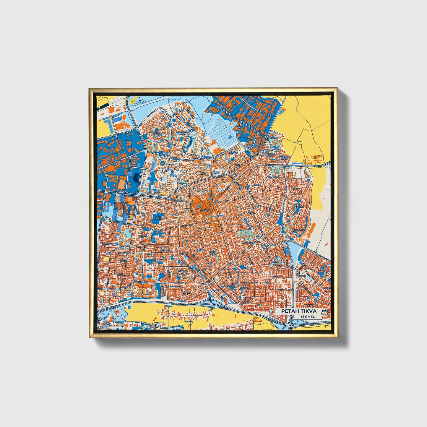 Petah Tikva Israel Colorful City Map Canvas Print • Gold Framed