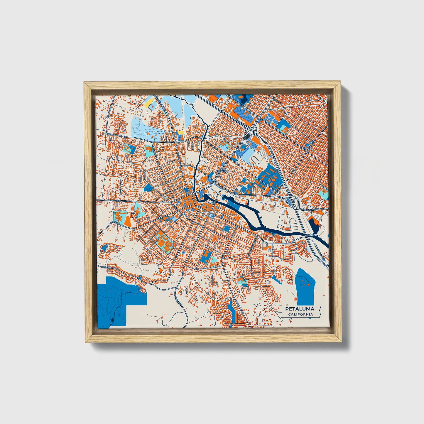 Petaluma California Colorful City Map Canvas Print • Natural Wooden Framed
