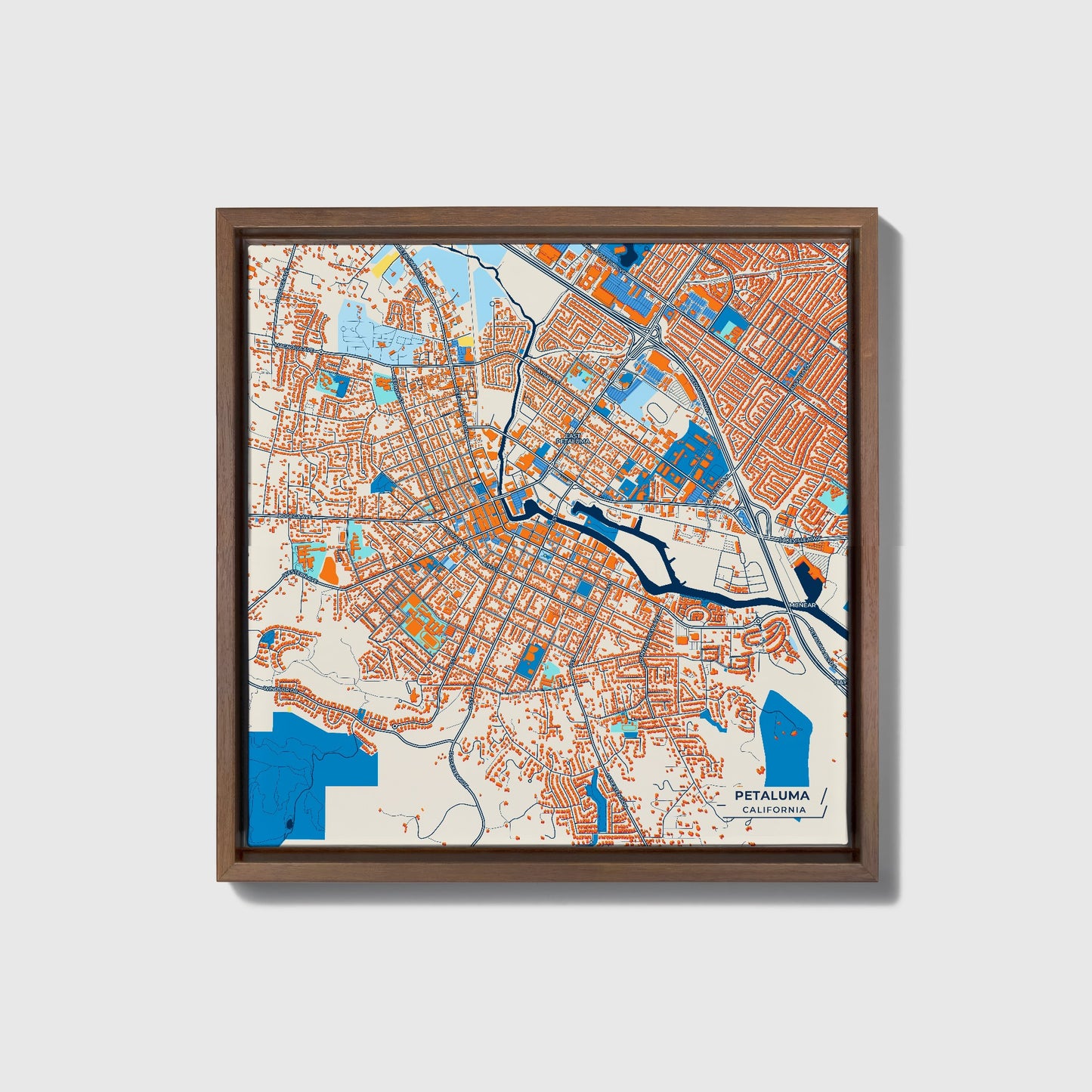 Petaluma California Colorful City Map Canvas Print • Dark Wooden Framed