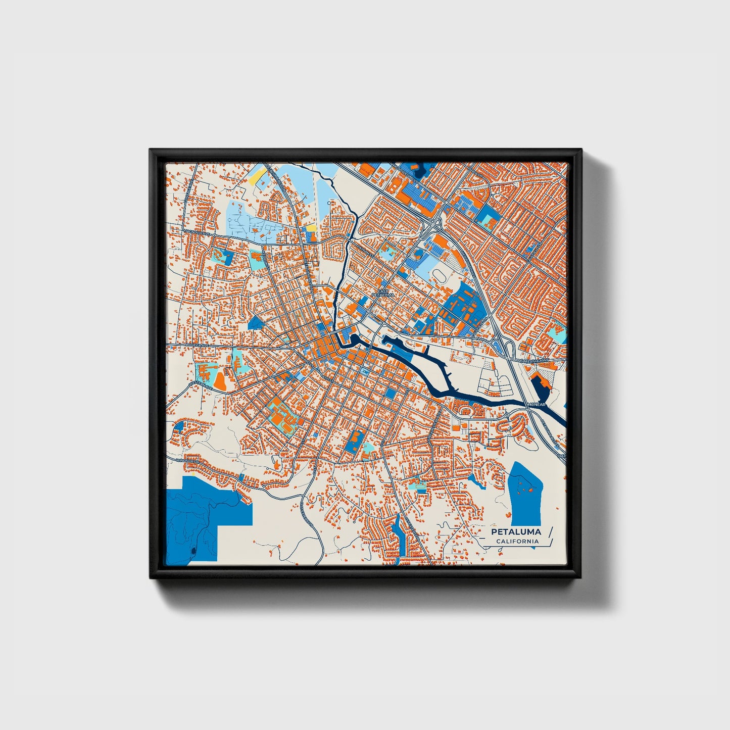 Petaluma California Colorful City Map Canvas Print • Black Framed