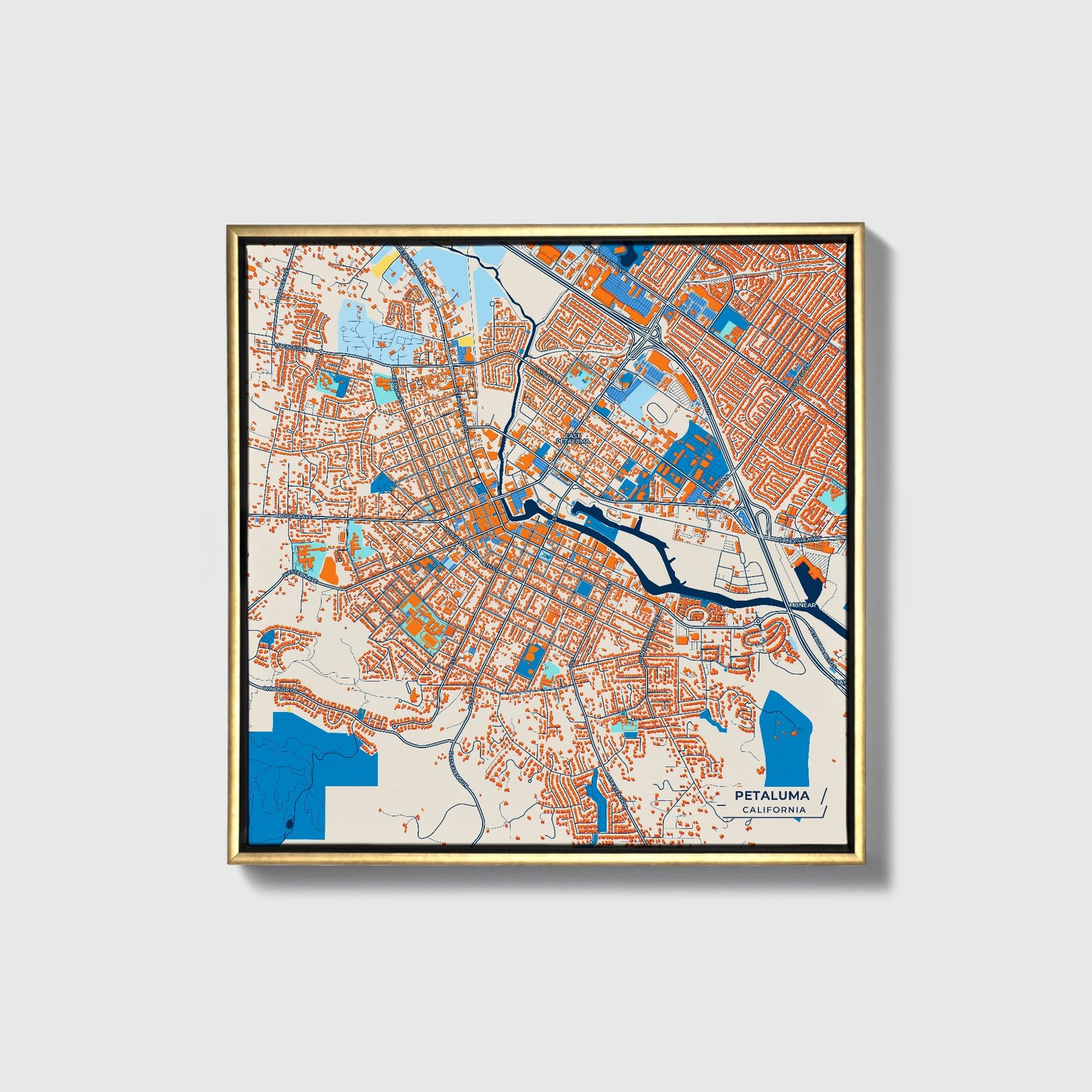 Petaluma California Colorful City Map Canvas Print • Gold Framed