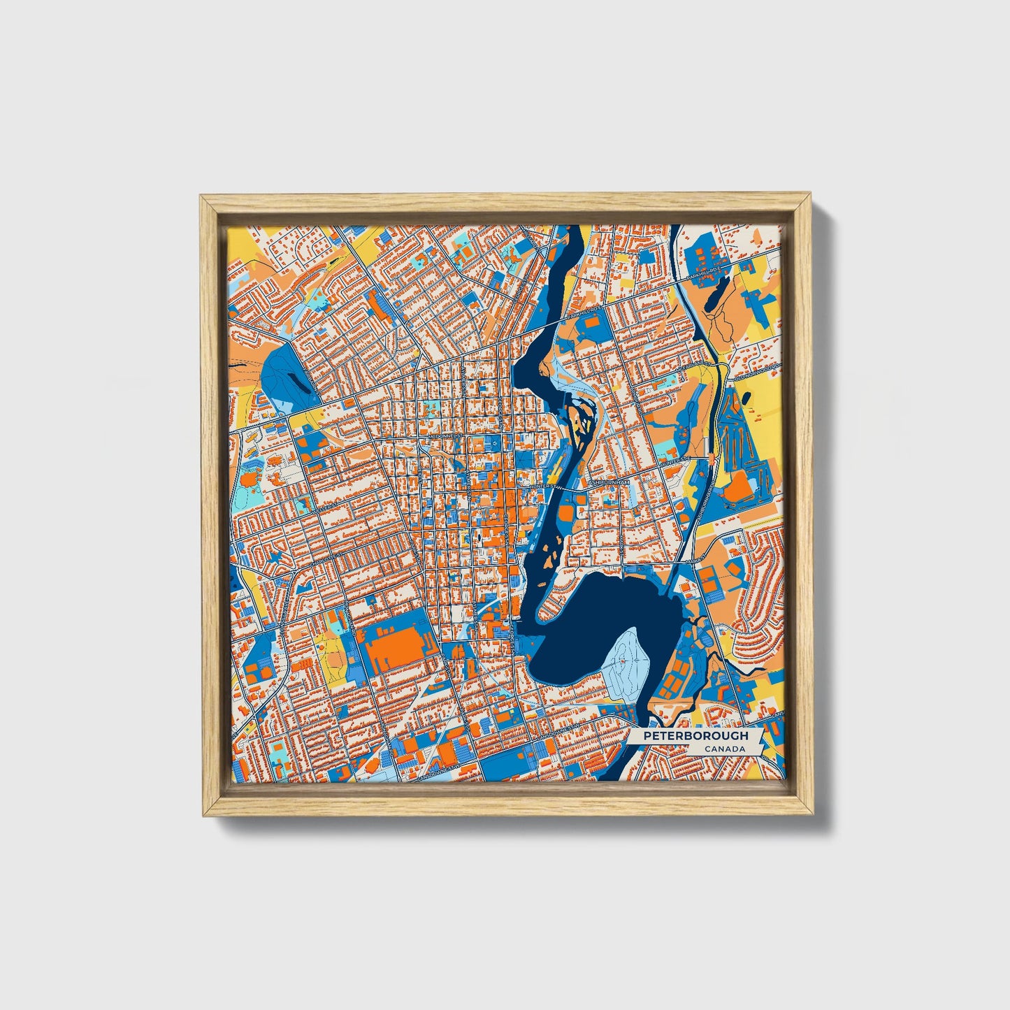Peterborough Canada Colorful City Map Canvas Print • Natural Wooden Framed