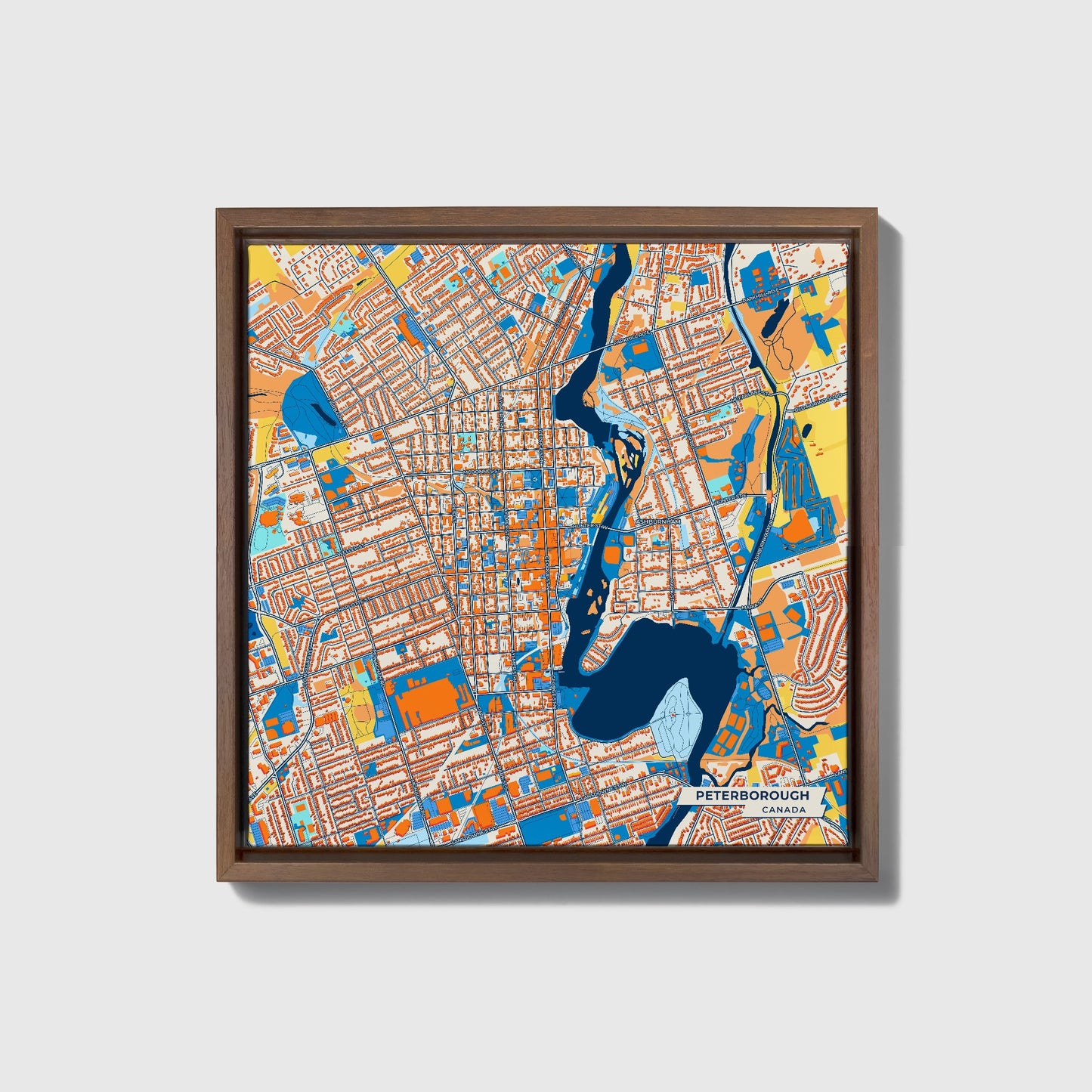Peterborough Canada Colorful City Map Canvas Print • Dark Wooden Framed