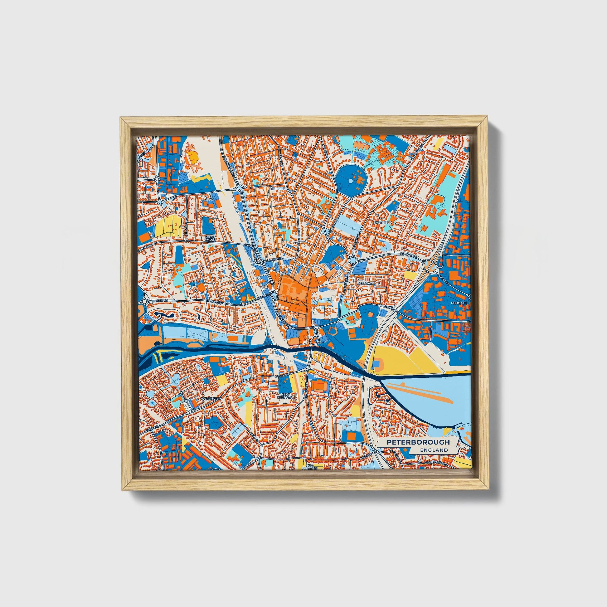 Peterborough England Colorful City Map Canvas Print • Natural Wooden Framed